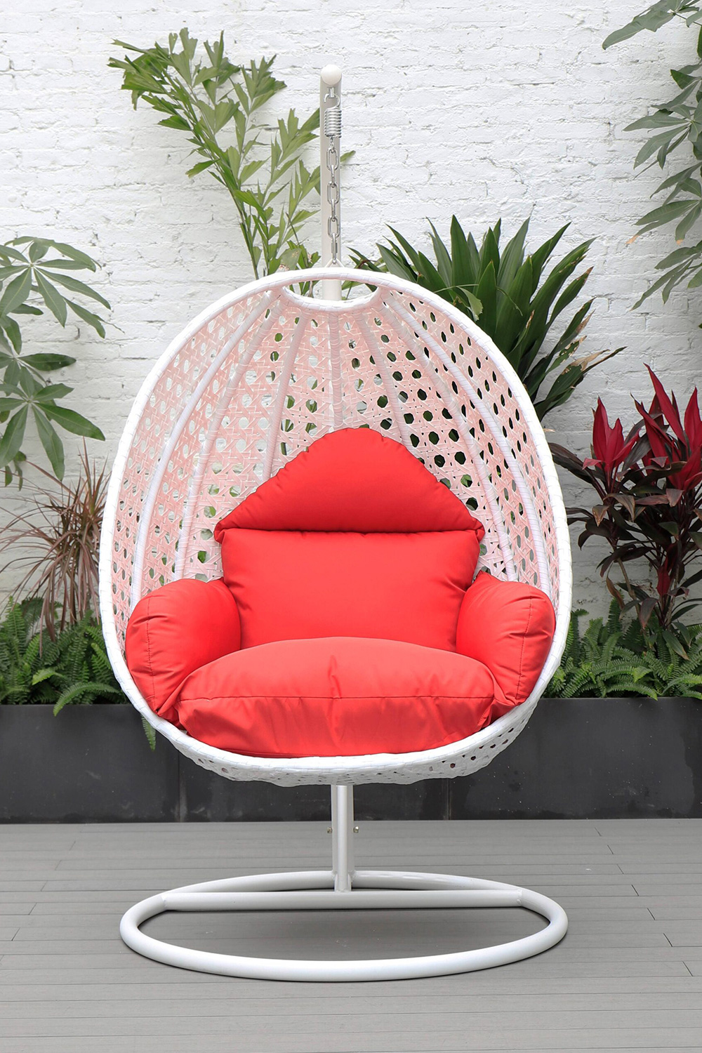 LeisureMod White Wicker Hanging Single Egg Swing Chair with Cushions - Red