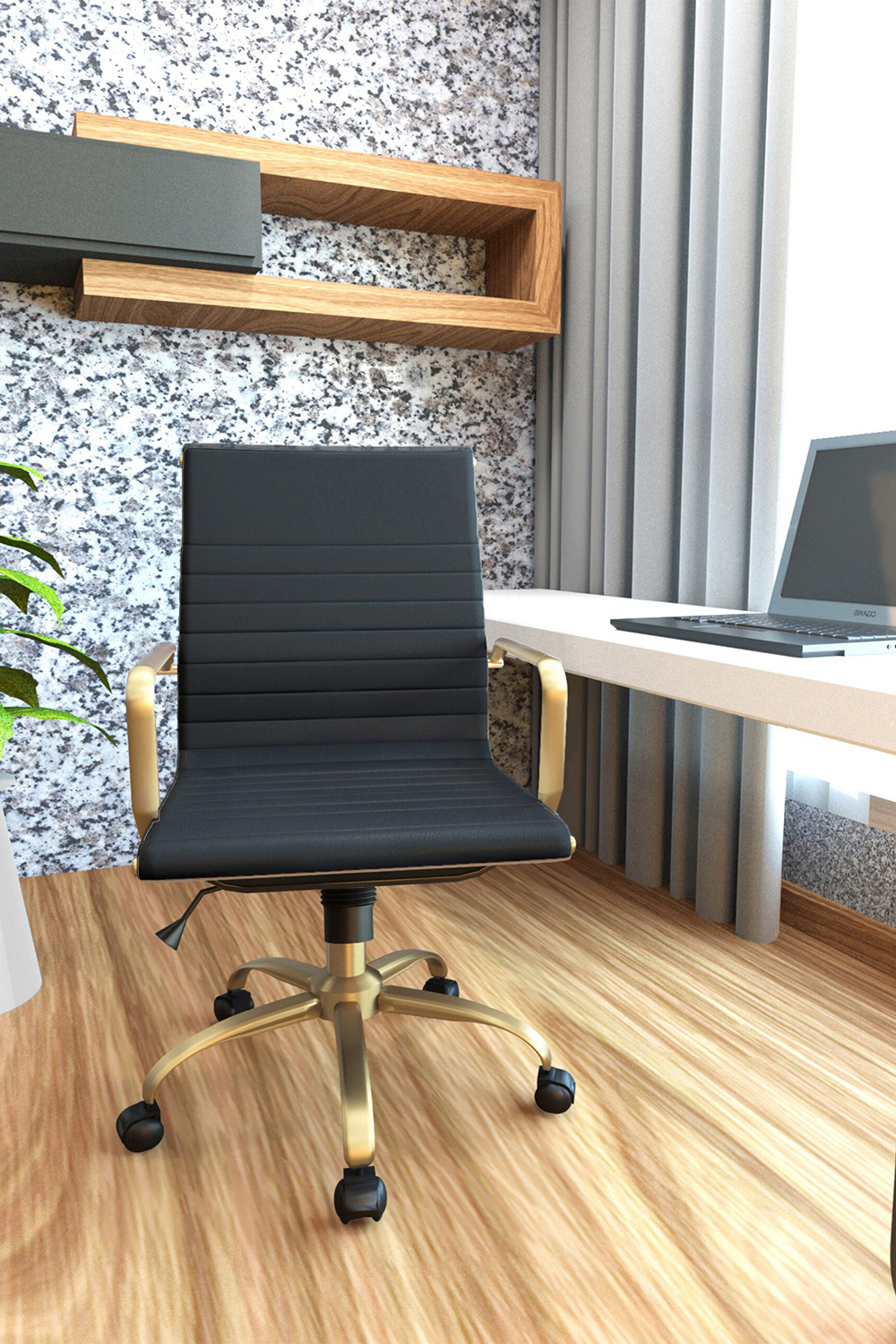 LeisureMod Harris Leatherette Gold Frame Office Chair - Black
