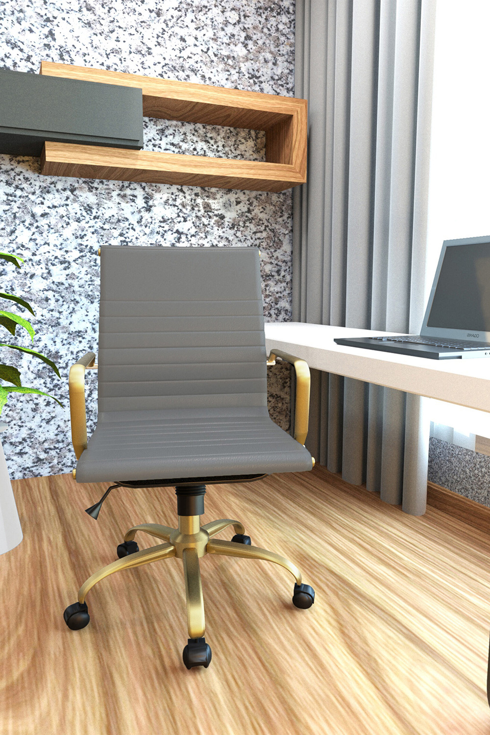 LeisureMod Harris Leatherette Gold Frame Office Chair - Gray