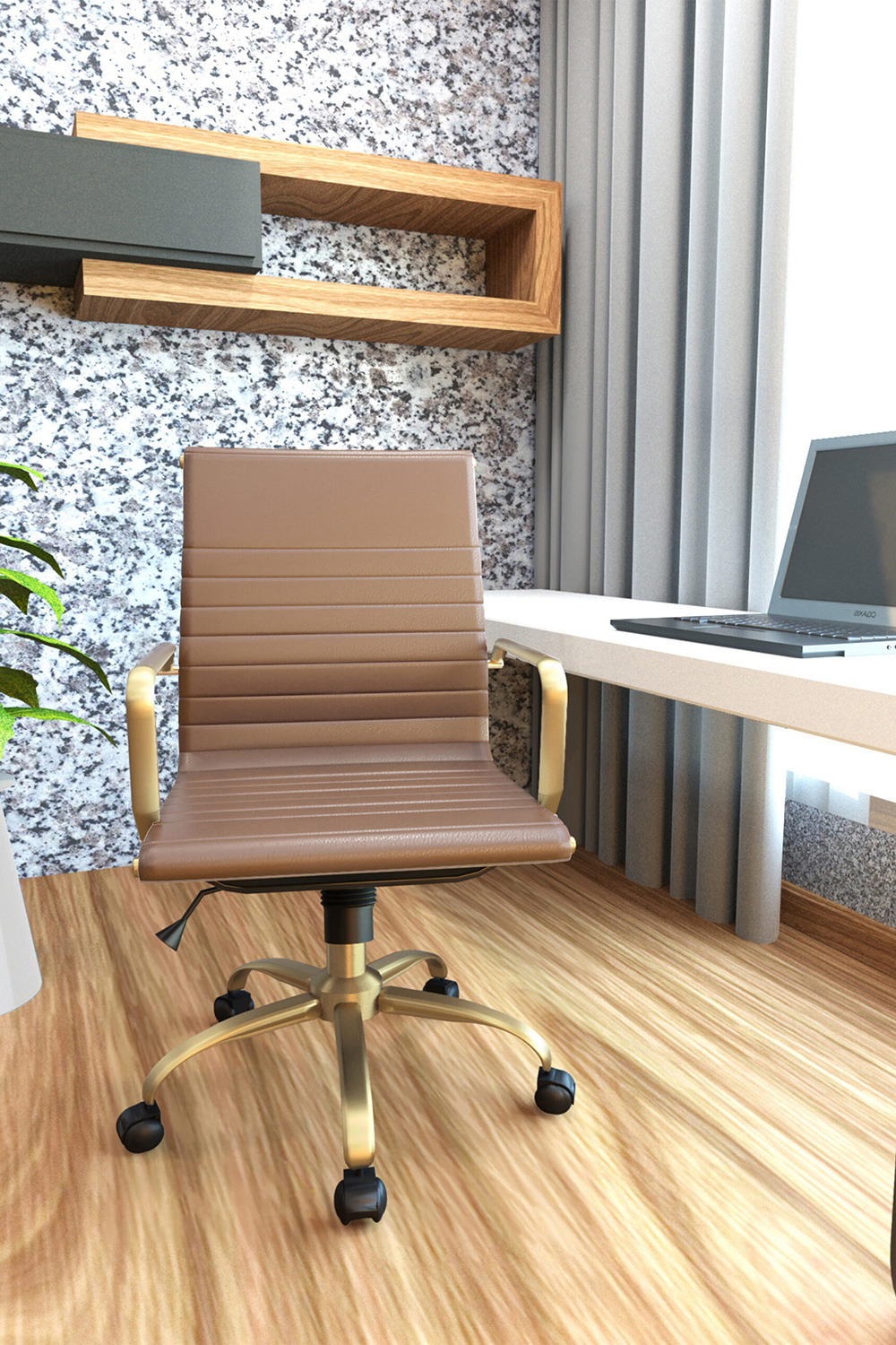 LeisureMod Harris Leatherette Gold Frame Office Chair - Light Brown