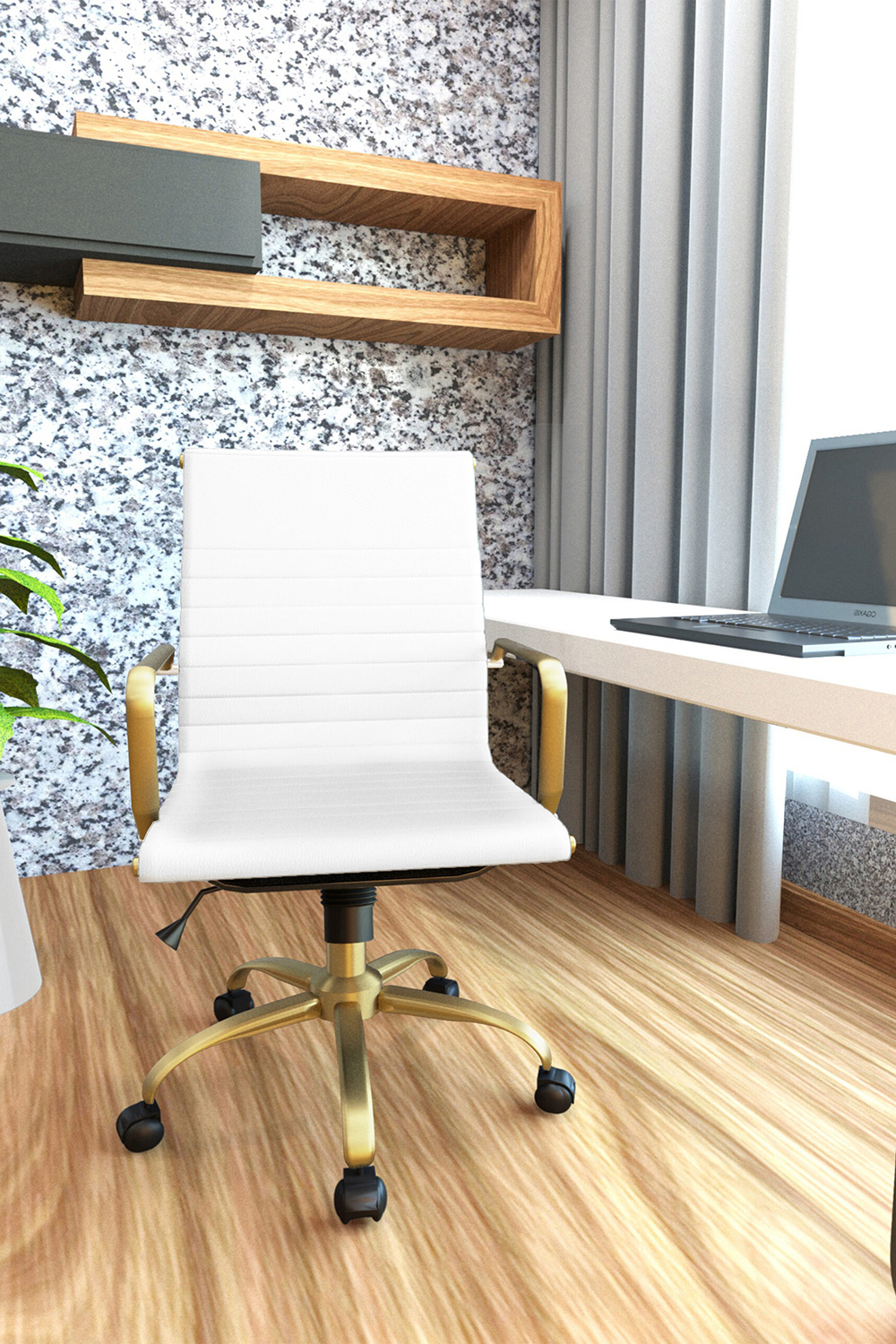 LeisureMod Harris Leatherette Gold Frame Office Chair - White