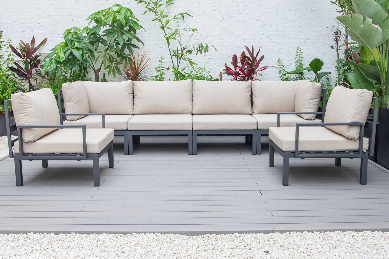 LeisureMod Hamilton 6-Piece Aluminum Patio Conversation Set with Cushions - Beige