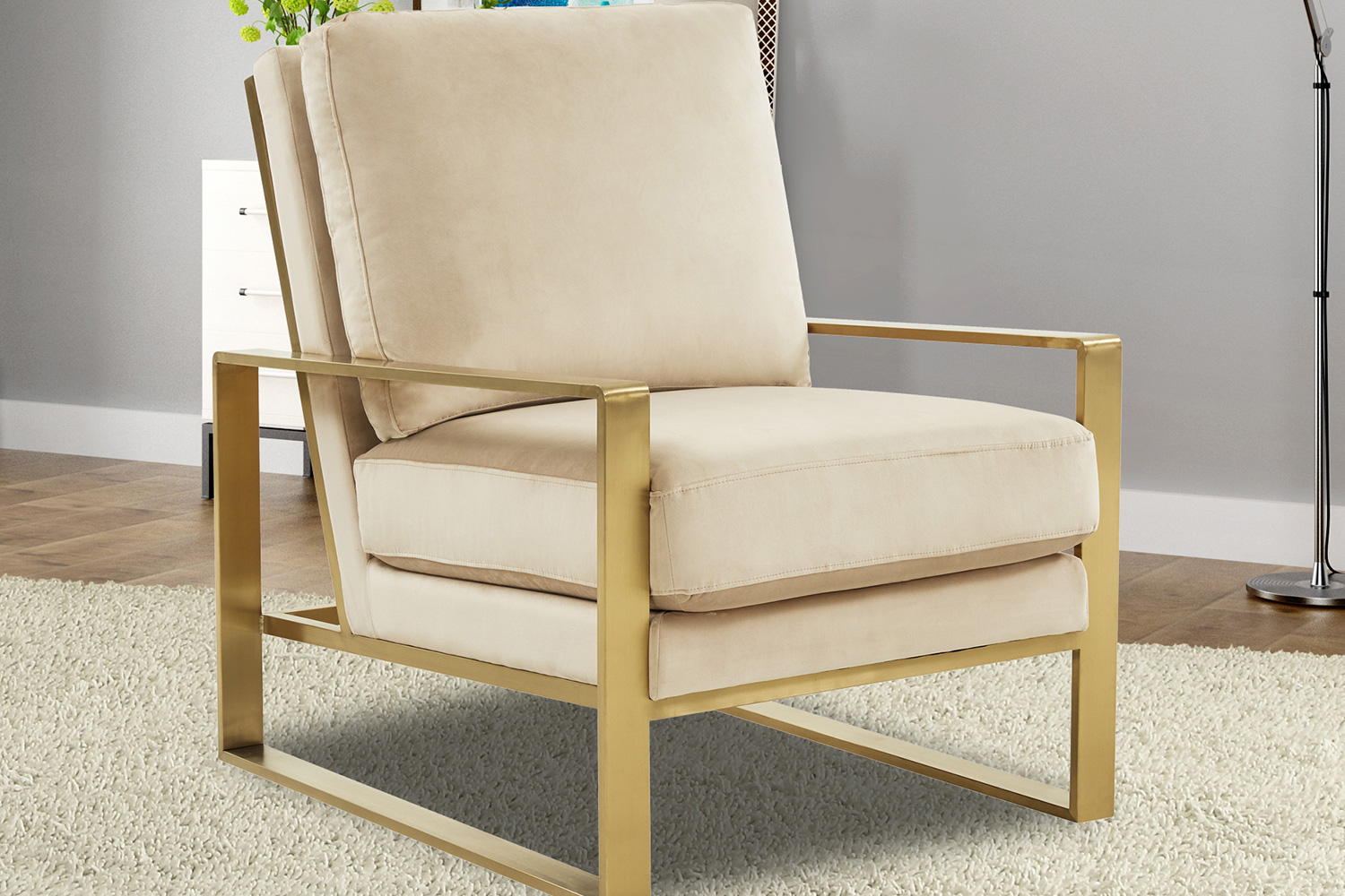 LeisureMod Jefferson Velvet Design Accent Armchair with Gold Brass Finish Frame - Beige