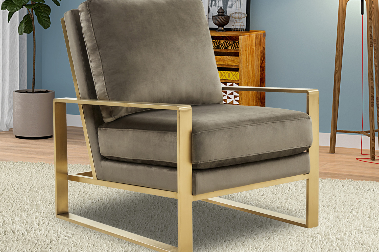 LeisureMod Jefferson Velvet Design Accent Armchair with Gold Brass Finish Frame - Dark Gray