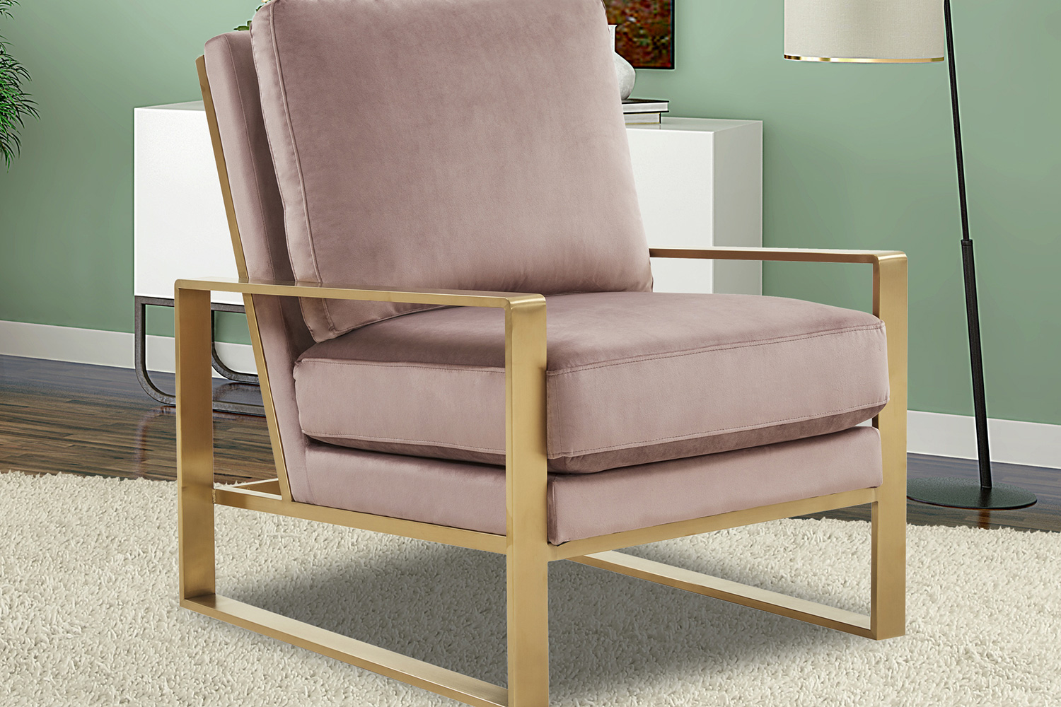 LeisureMod Jefferson Velvet Design Accent Armchair with Gold Brass Finish Frame - Pink