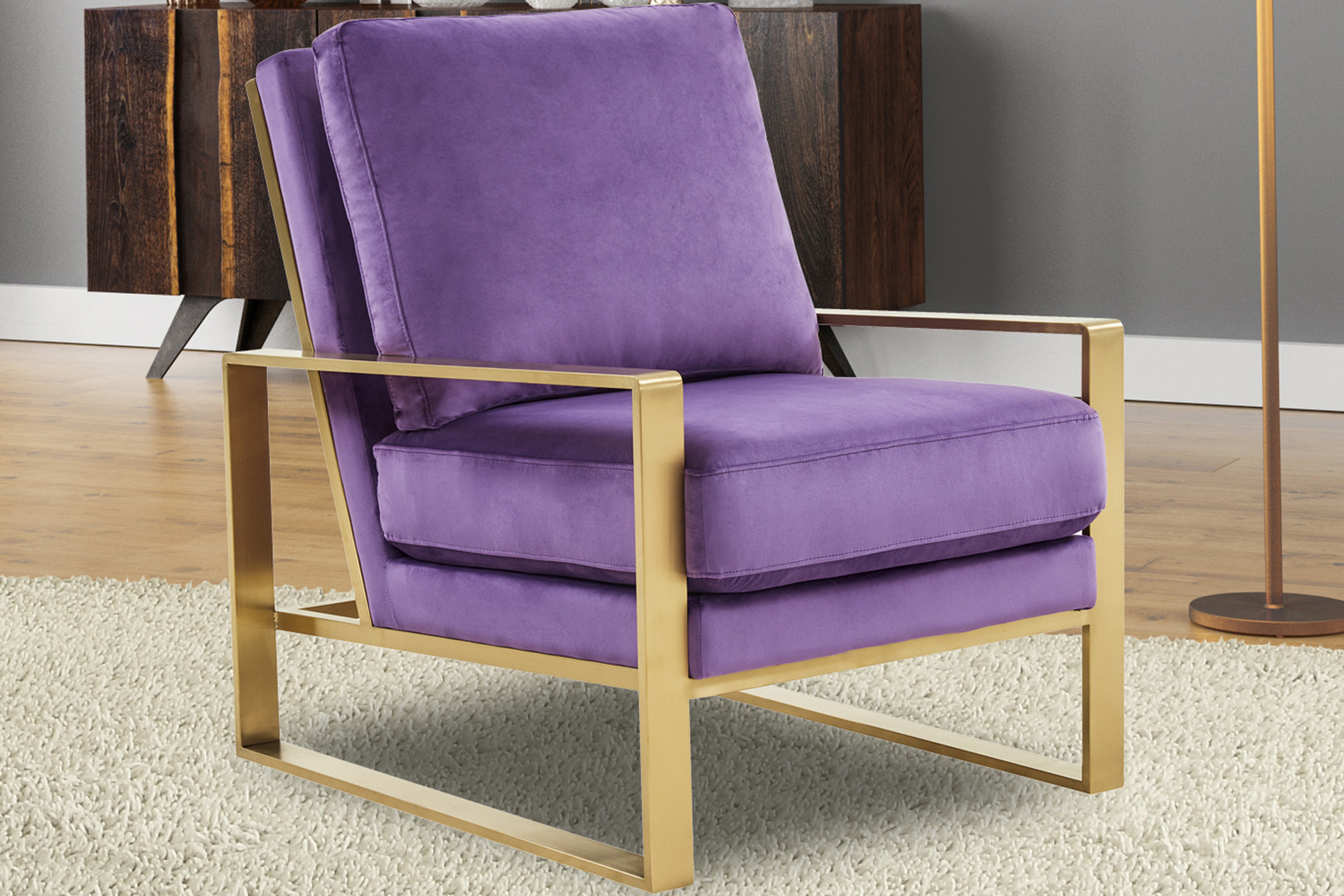 LeisureMod Jefferson Velvet Design Accent Armchair with Gold Brass Finish Frame - Purple