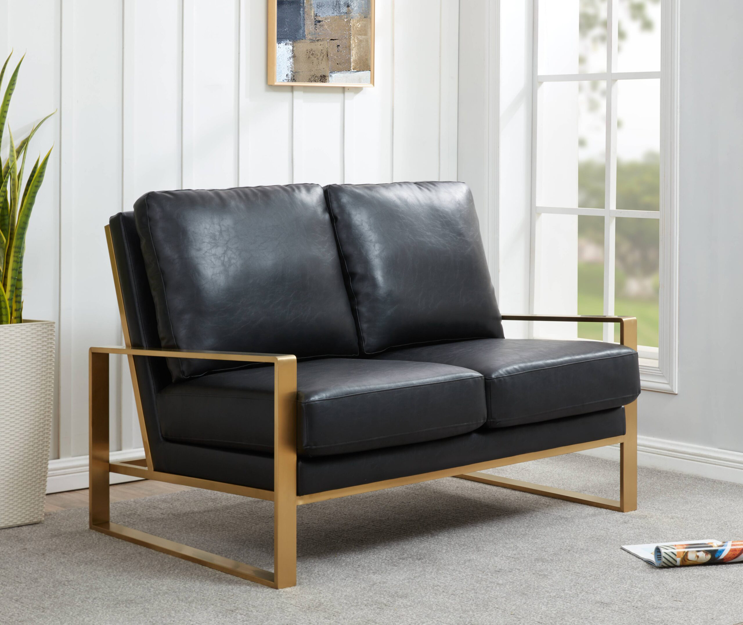 LeisureMod Jefferson Contemporary Modern Faux Leather Loveseat With Gold Frame - Black