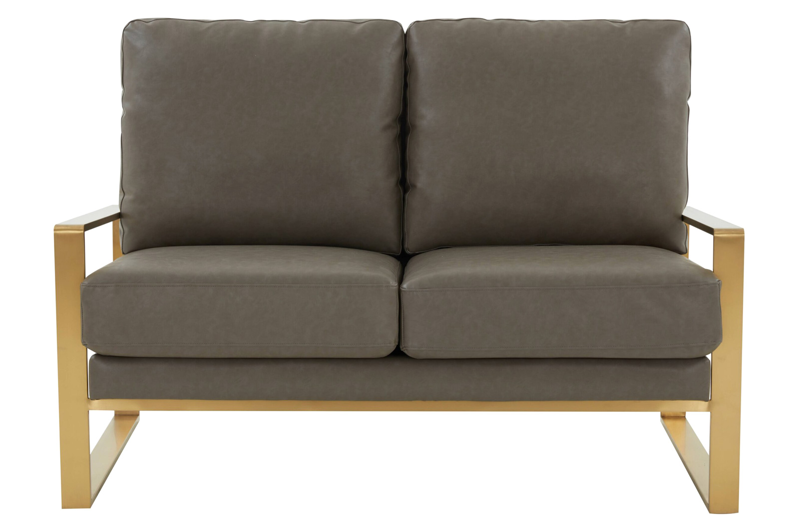 LeisureMod Jefferson Contemporary Modern Faux Leather Loveseat With Gold Frame - Gray