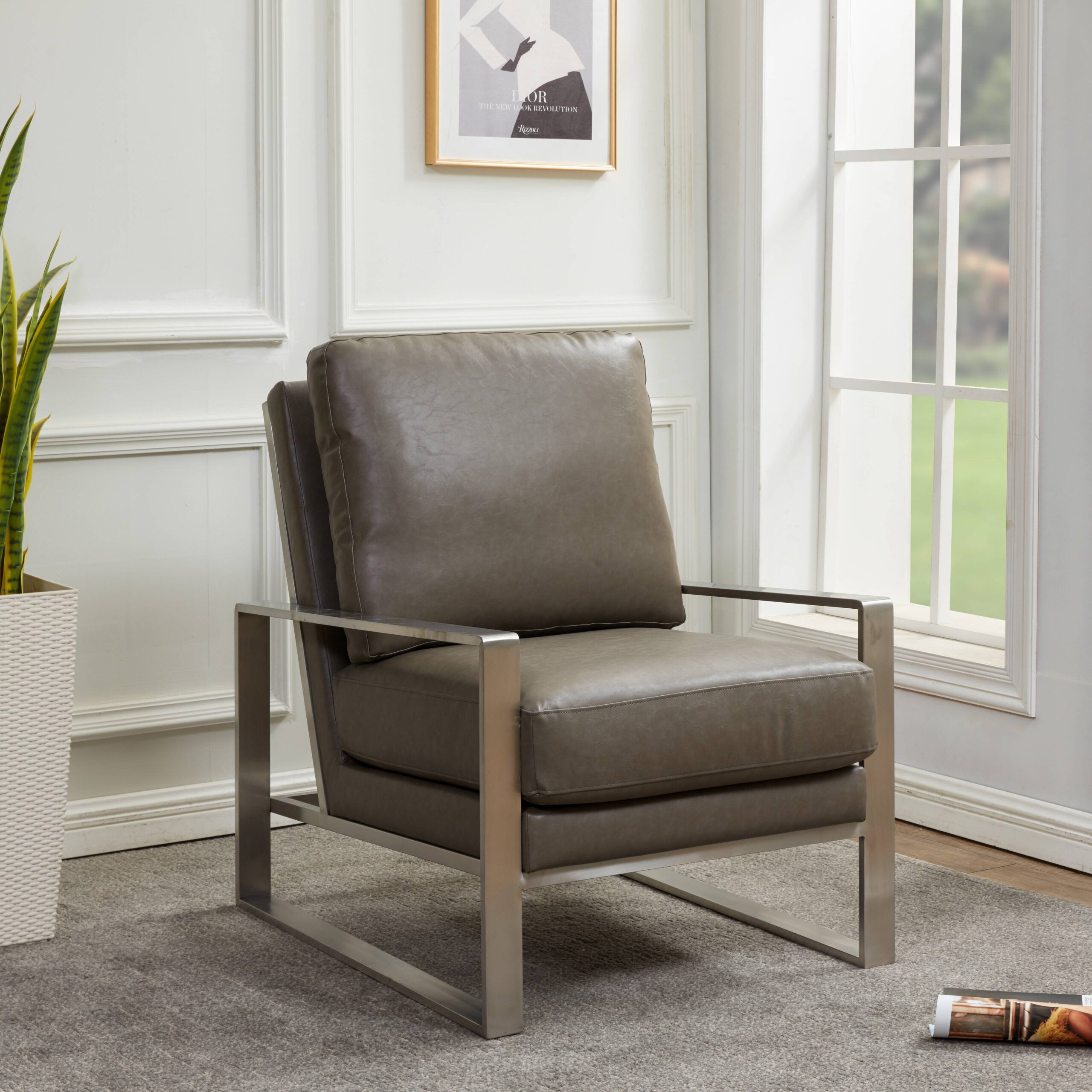 LeisureMod Jefferson Leather Modern Design Accent Armchair With Elegant Silver Frame - Gray
