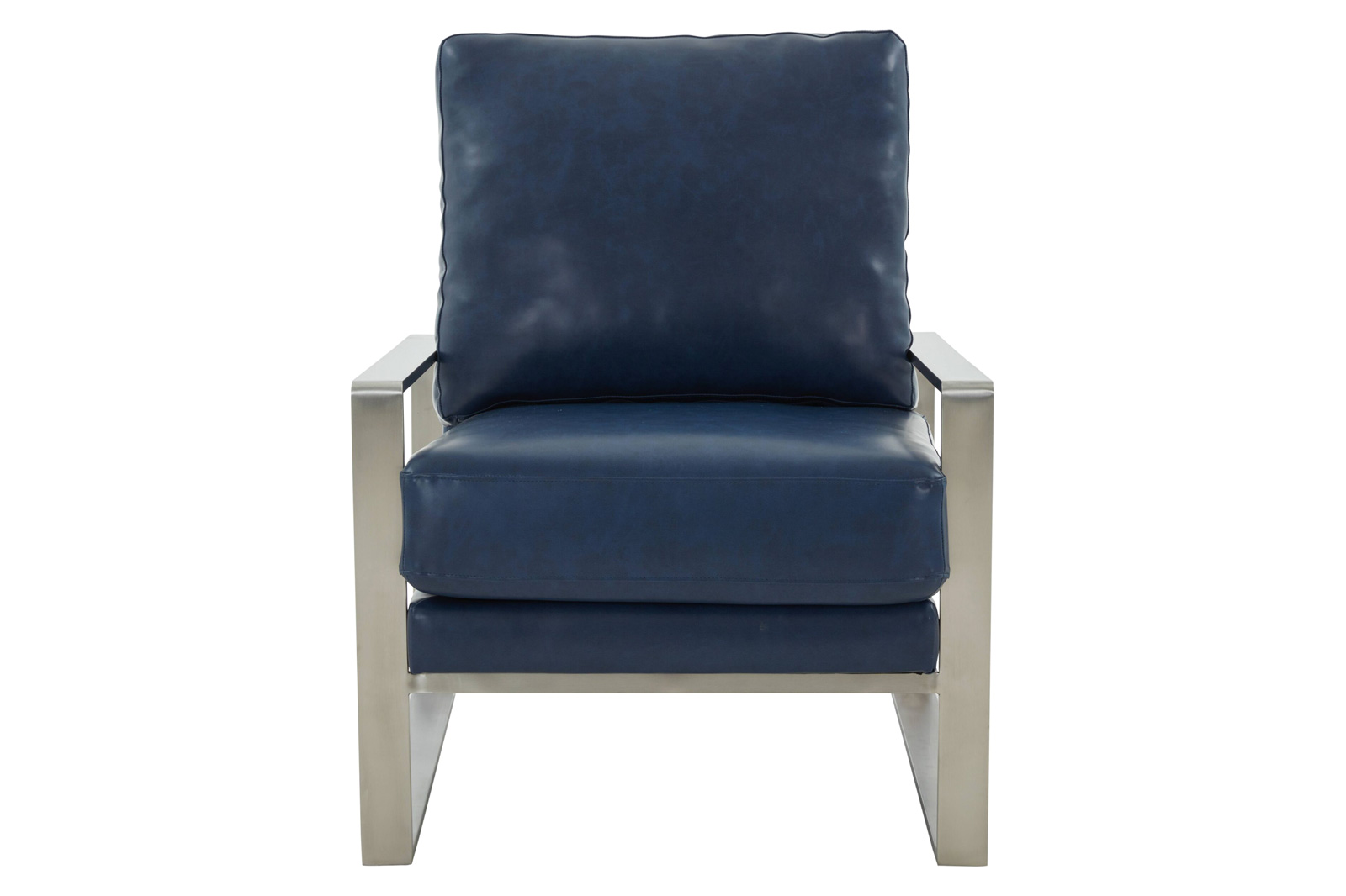 LeisureMod Jefferson Leather Modern Design Accent Armchair With Elegant Silver Frame - Navy Blue