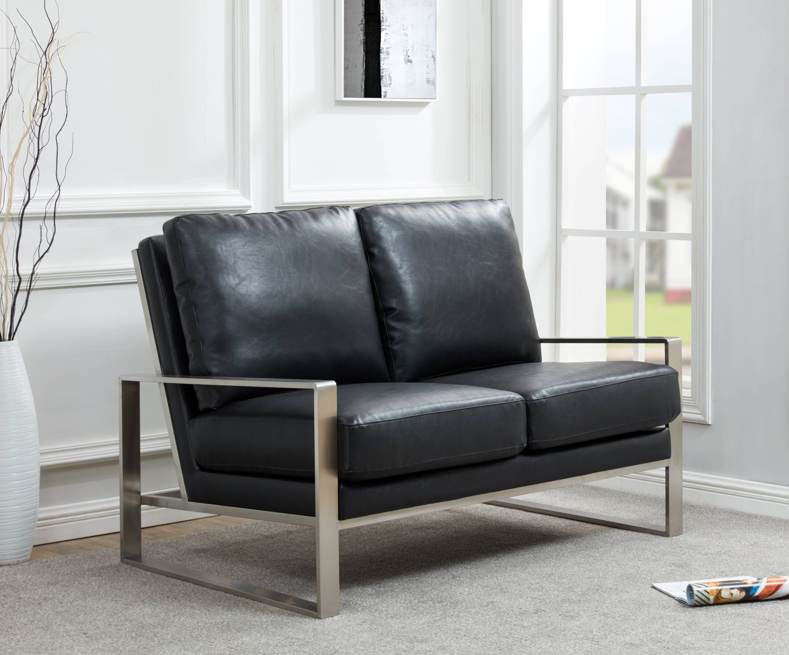 LeisureMod Jefferson Contemporary Modern Faux Leather Loveseat With Silver Frame - Black