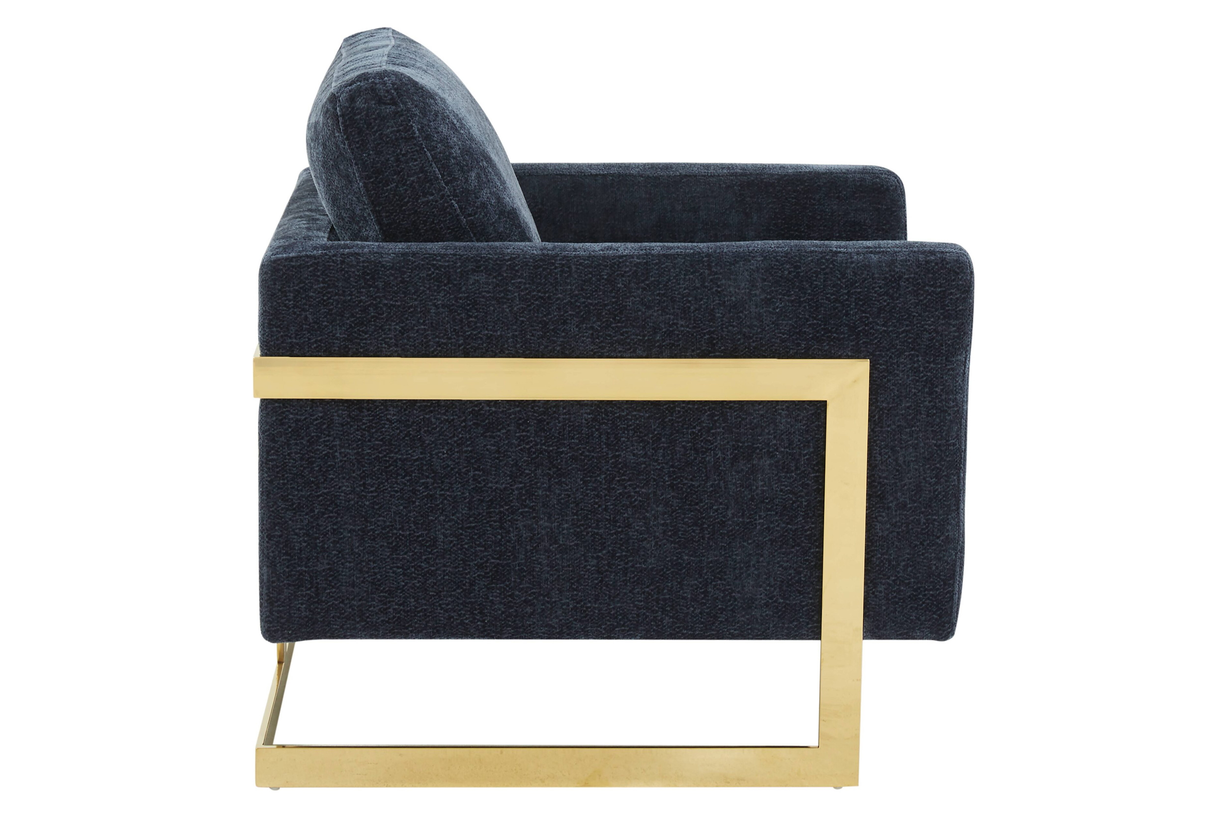 LeisureMod Lincoln Boucle Fabric Accent Armchair Gold Stainless Steel Frame - Blue