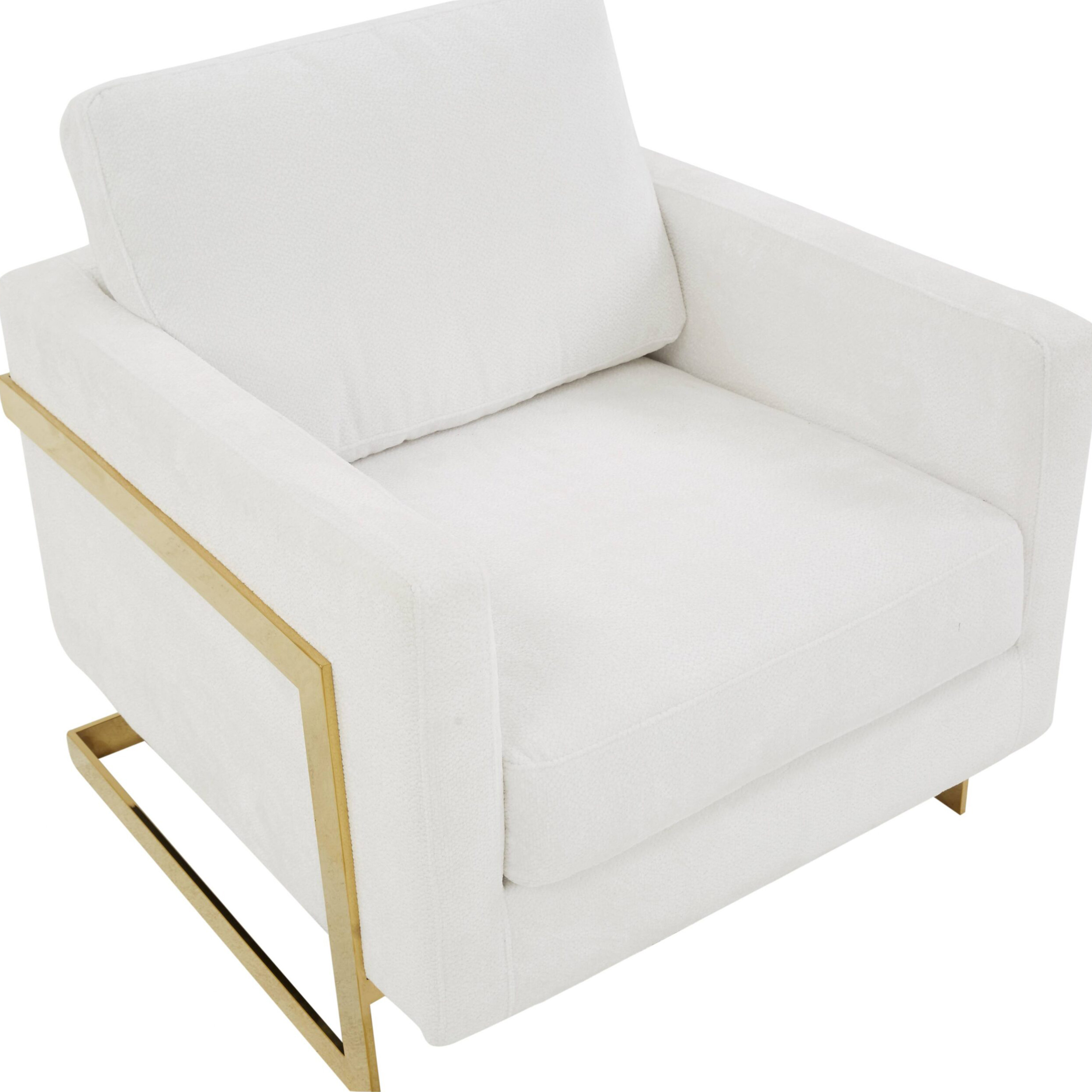 LeisureMod Lincoln Boucle Fabric Accent Armchair Gold Stainless Steel Frame - White