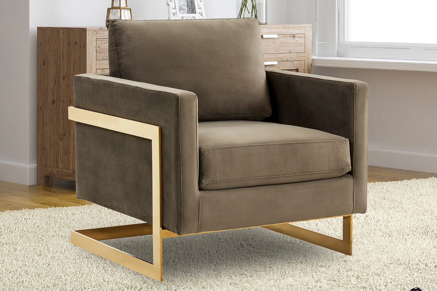 LeisureMod Lincoln Velvet Accent Armchair with Gold Frame - Dark Gray
