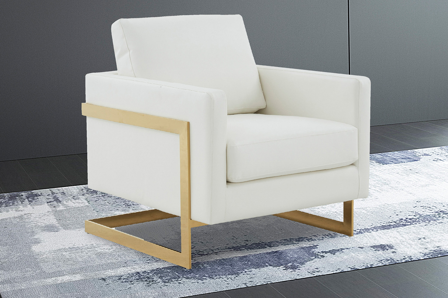 LeisureMod Lincoln Leather Accent Armchair with Gold Frame - White