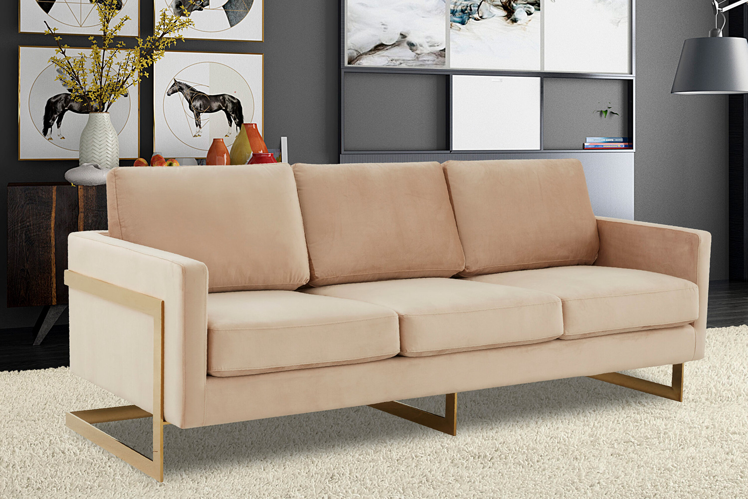 LeisureMod - Lincoln Velvet Sofa with Gold Frame