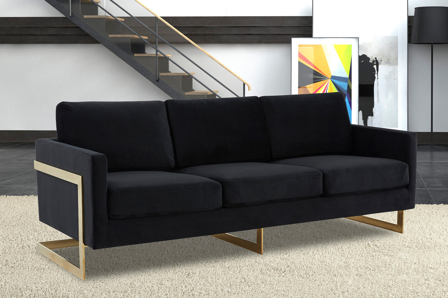 LeisureMod Lincoln Velvet Sofa with Gold Frame - Midnight Black