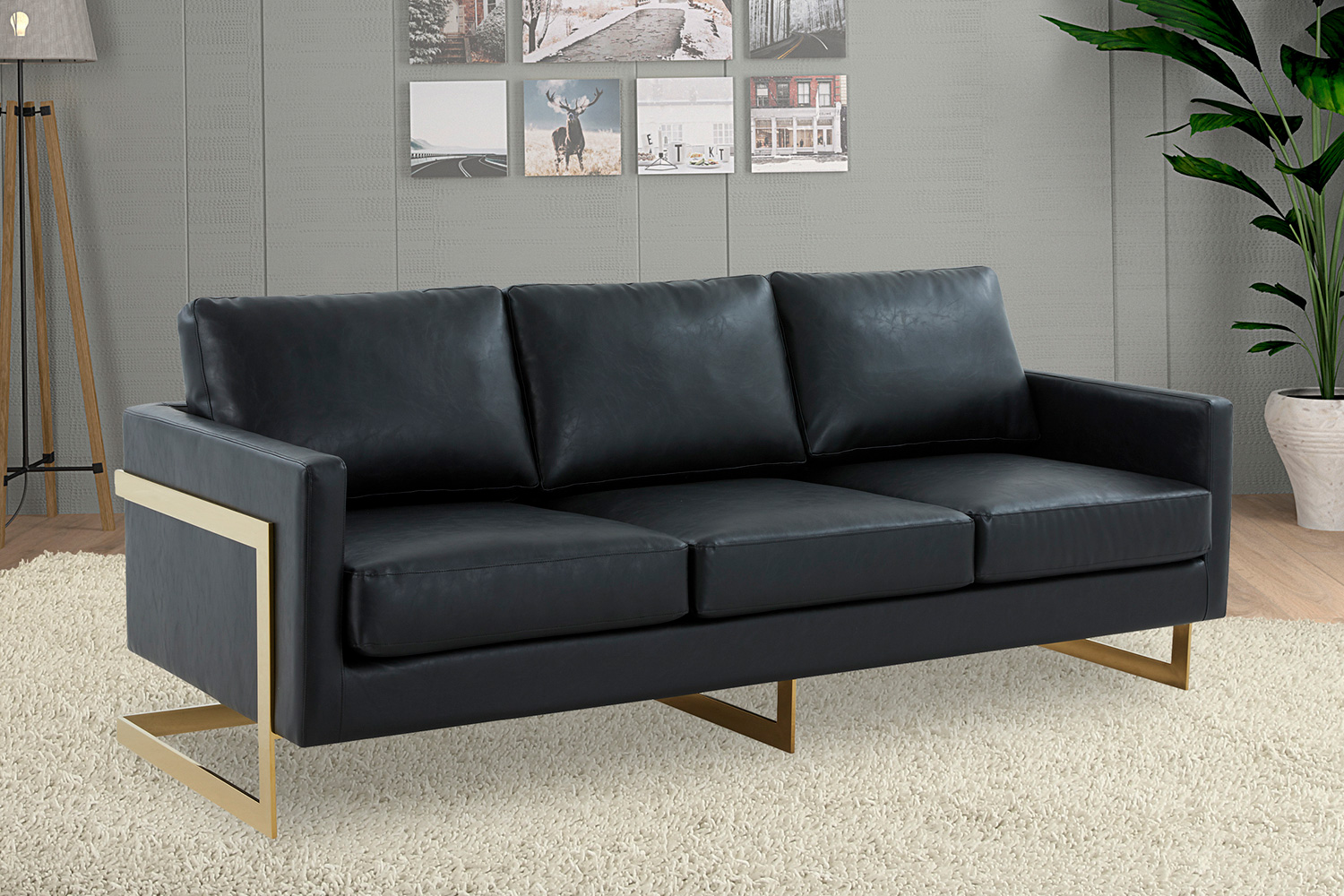 LeisureMod Lincoln Leather Sofa with Gold Frame - Black