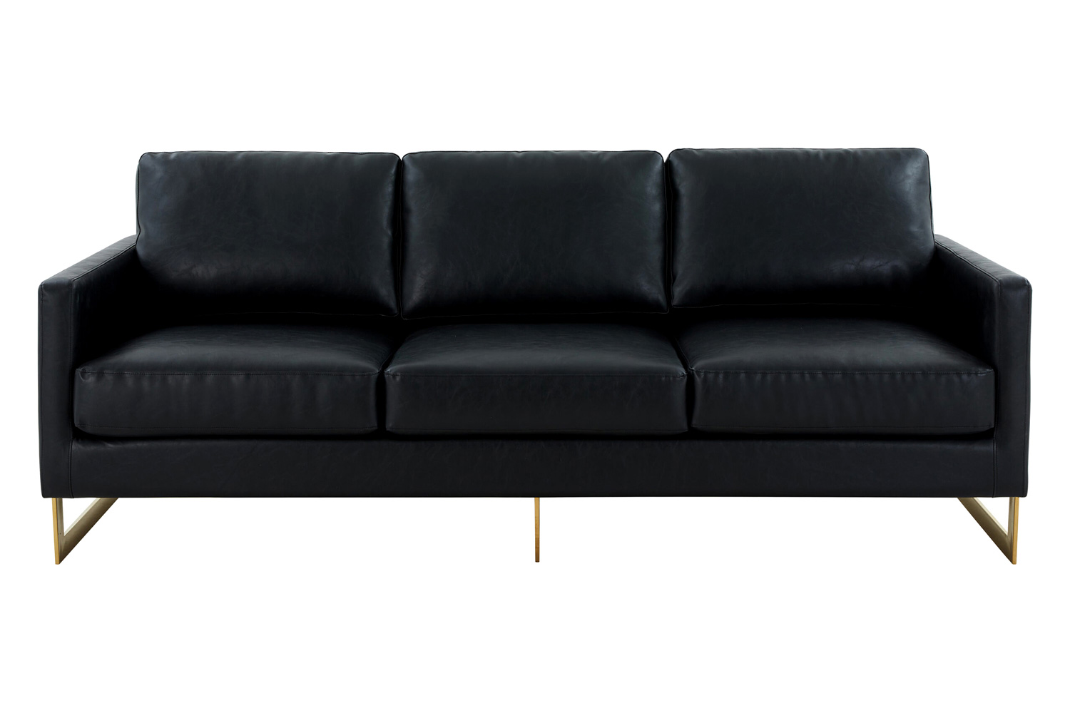 LeisureMod Lincoln Leather Sofa with Gold Frame - Black