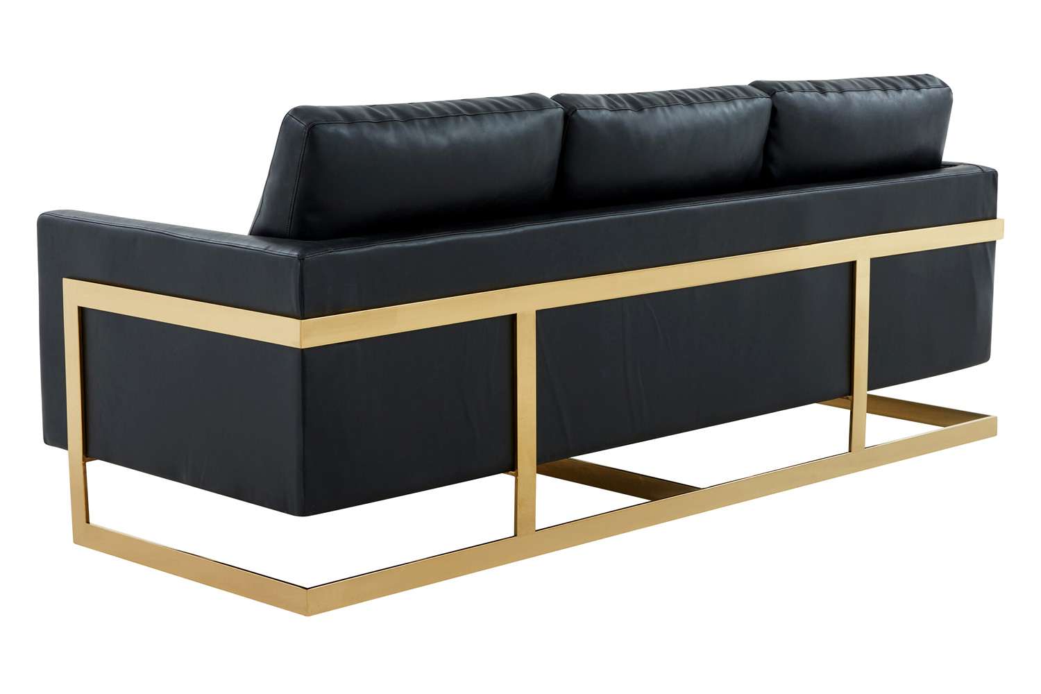 LeisureMod Lincoln Leather Sofa with Gold Frame - Black