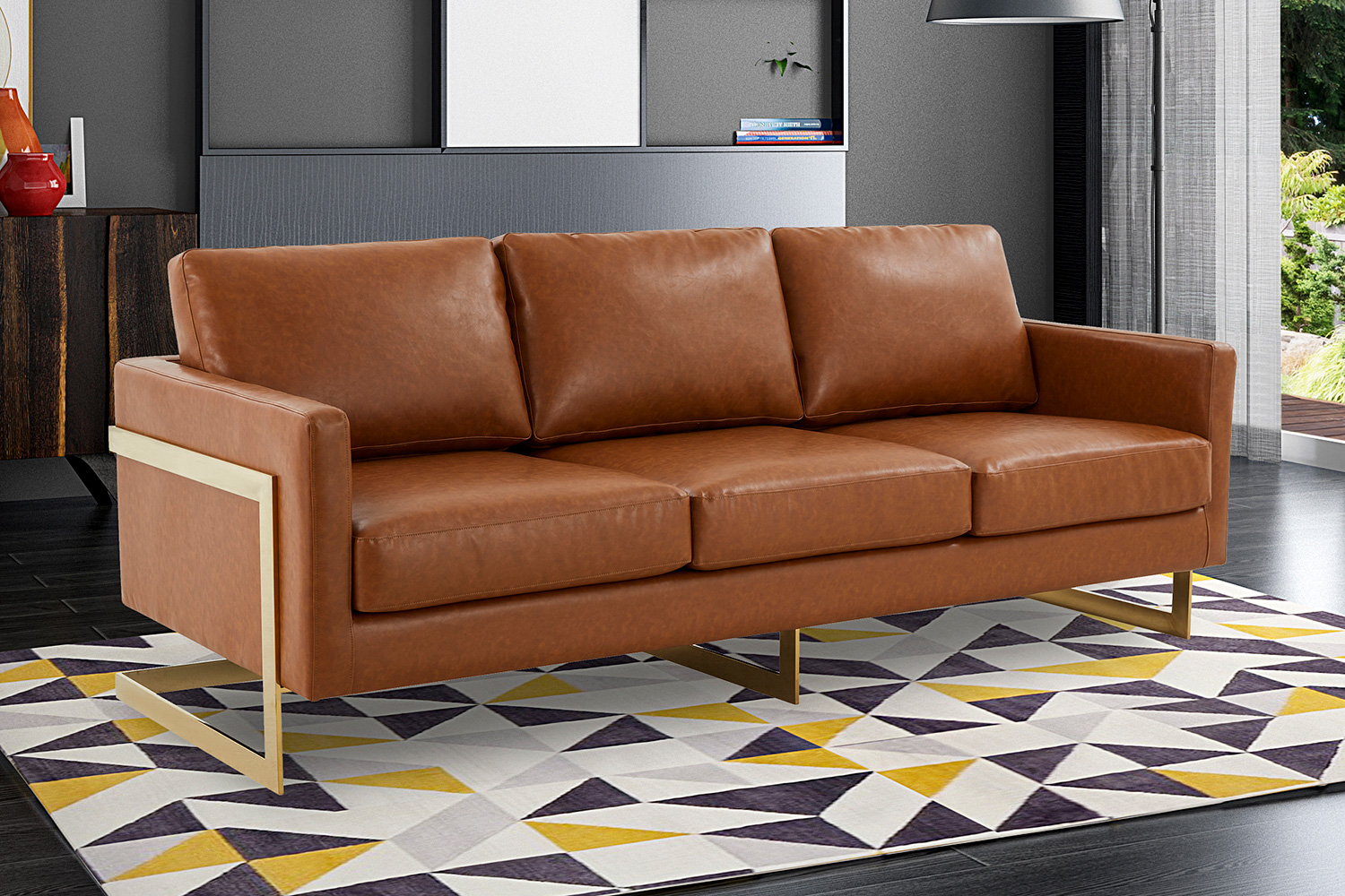 LeisureMod Lincoln Leather Sofa with Gold Frame - Cognac/Tan