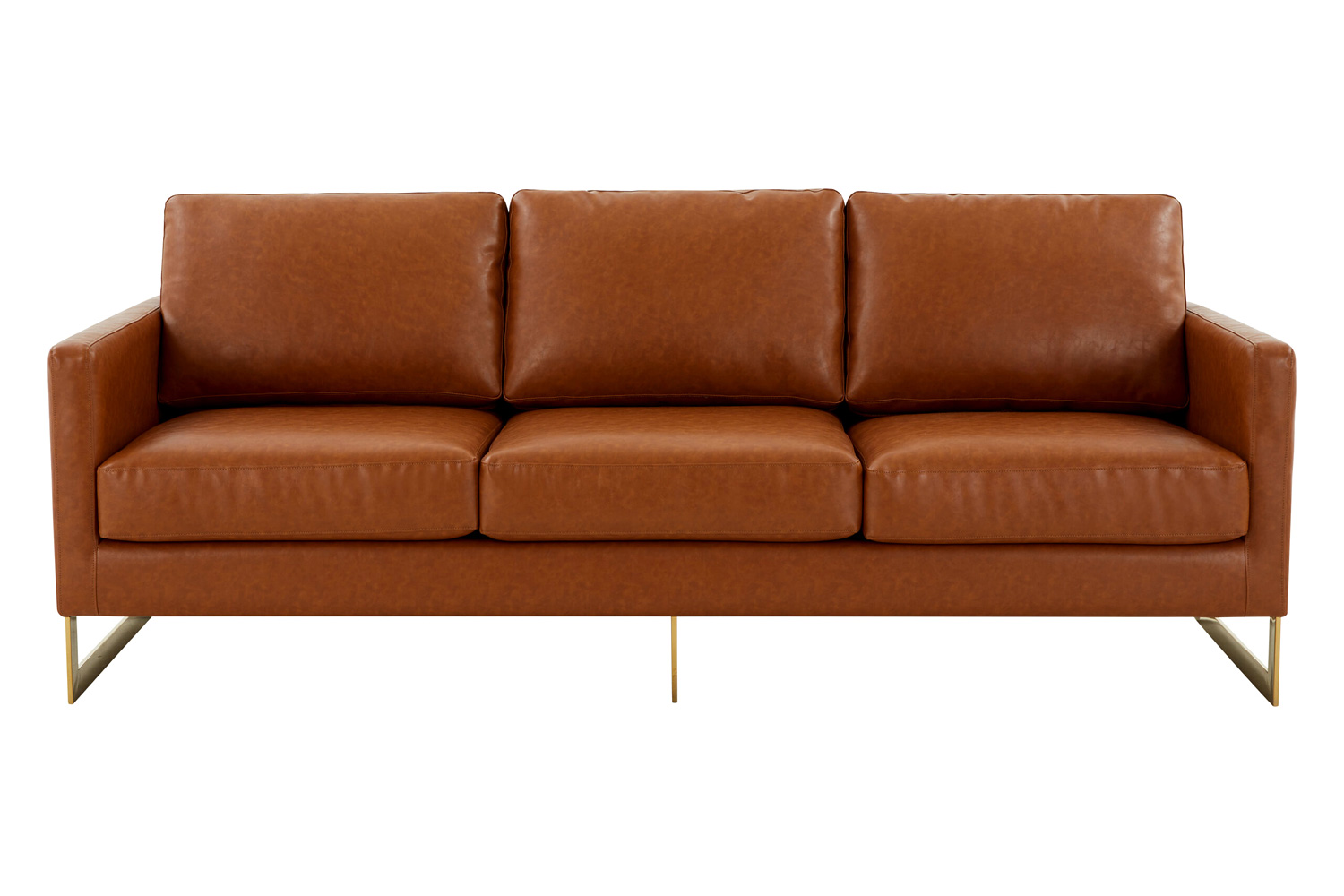 LeisureMod Lincoln Leather Sofa with Gold Frame - Cognac/Tan