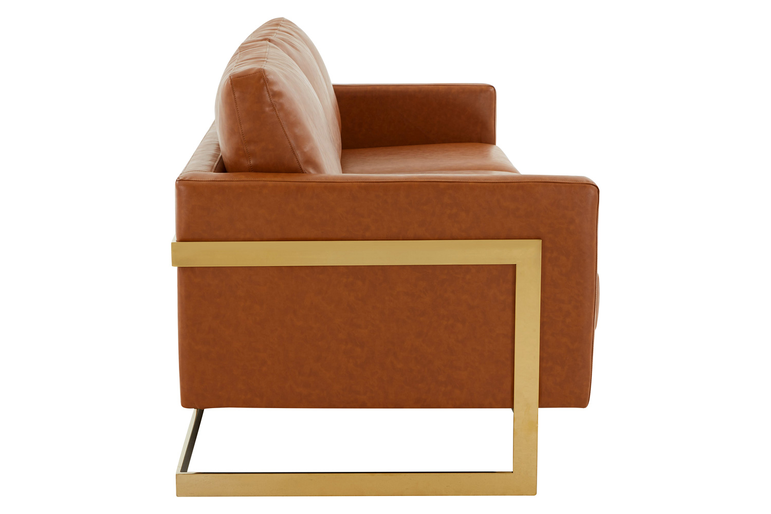 LeisureMod Lincoln Leather Sofa with Gold Frame - Cognac/Tan