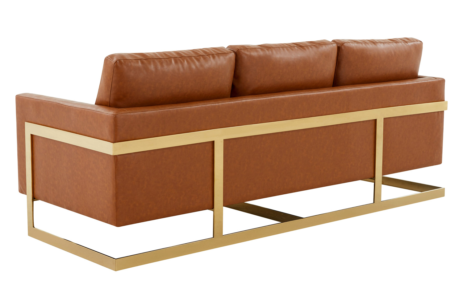LeisureMod Lincoln Leather Sofa with Gold Frame - Cognac/Tan