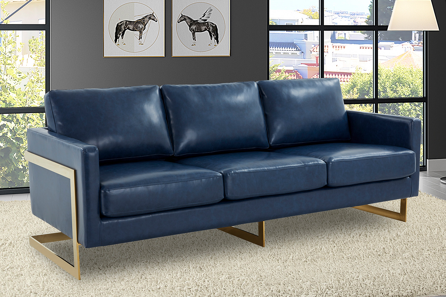 LeisureMod Lincoln Leather Sofa with Gold Frame - Navy Blue