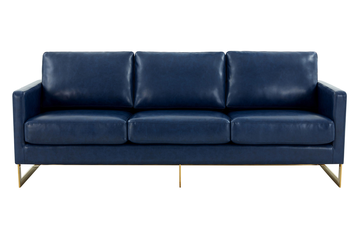 LeisureMod Lincoln Leather Sofa with Gold Frame - Navy Blue