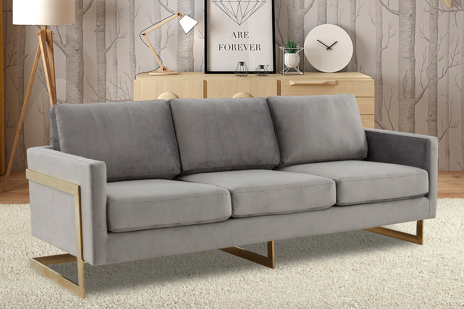 LeisureMod Lincoln Velvet Sofa with Gold Frame - Light Gray