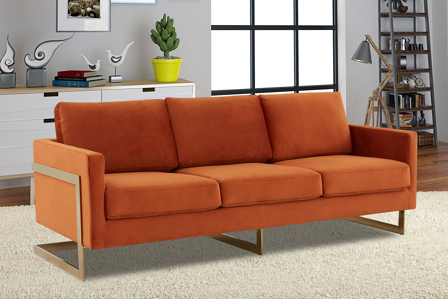 LeisureMod Lincoln Velvet Sofa with Gold Frame - Orange/Marmalade