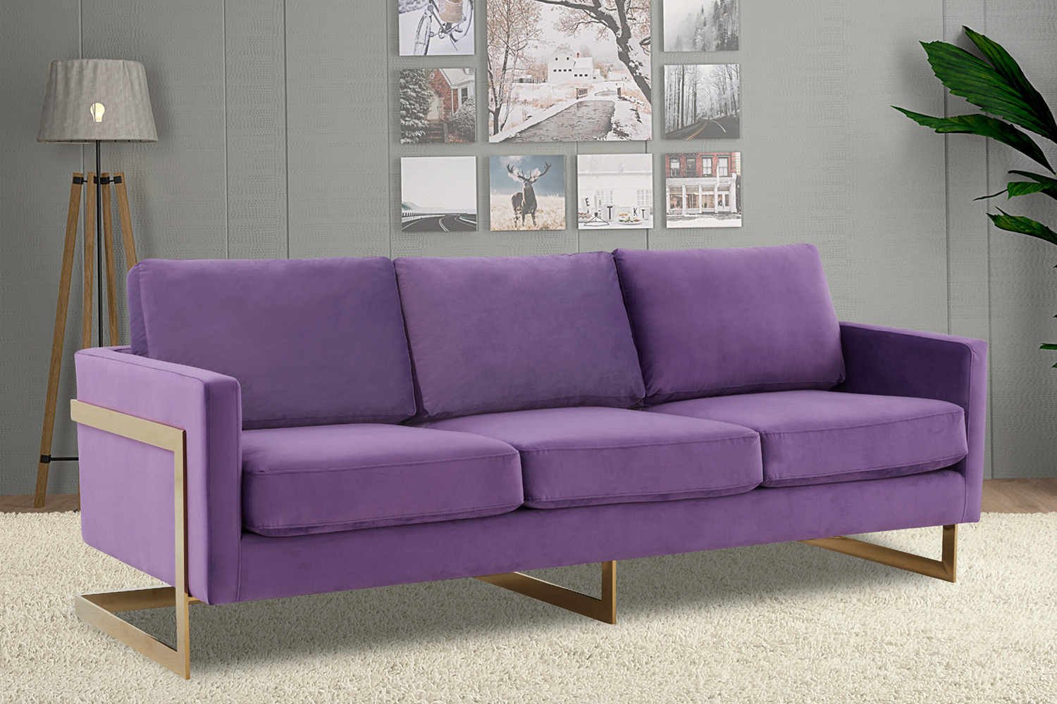 LeisureMod Lincoln Velvet Sofa with Gold Frame - Purple