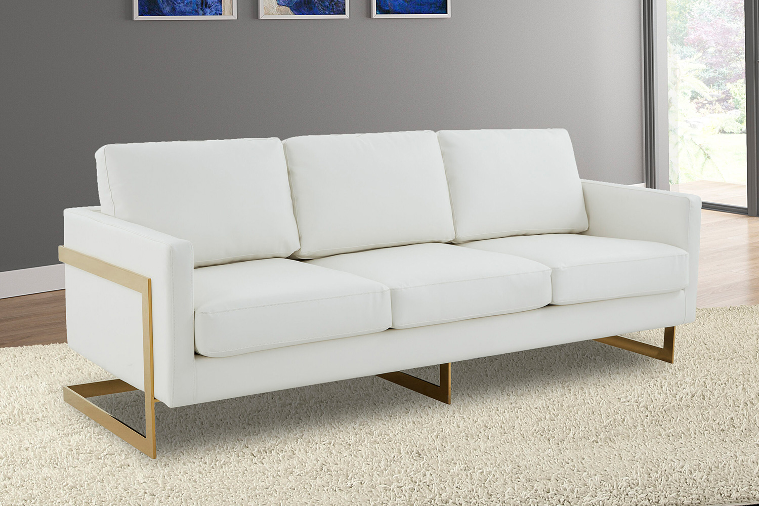 LeisureMod Lincoln Leather Sofa with Gold Frame - White