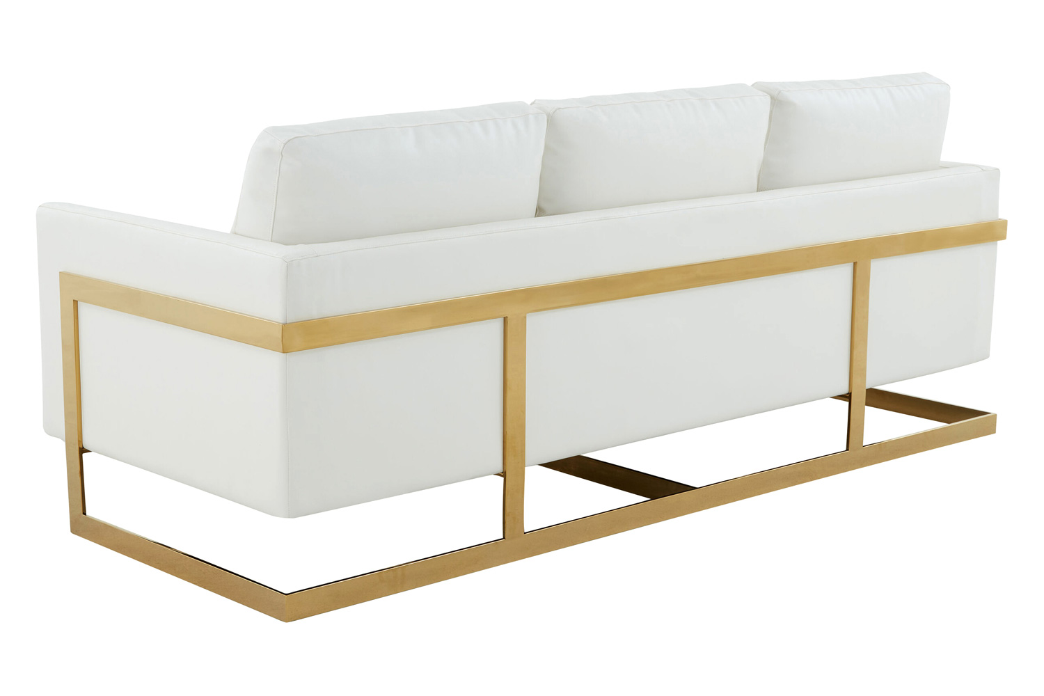 LeisureMod Lincoln Leather Sofa with Gold Frame - White