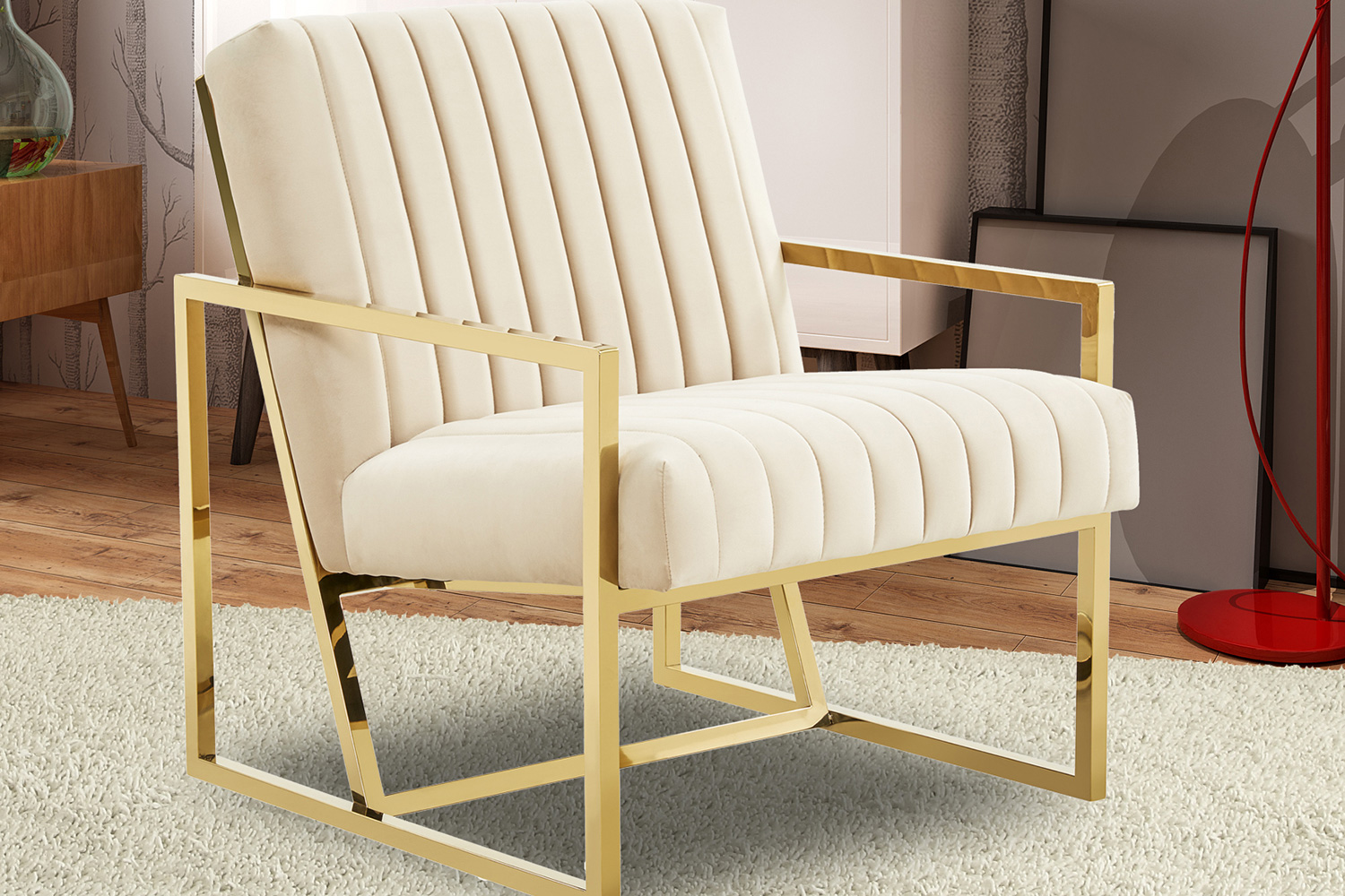 LeisureMod Montgomery Velvet Pinstripe Design Accent Armchair with Gold Frame - Beige