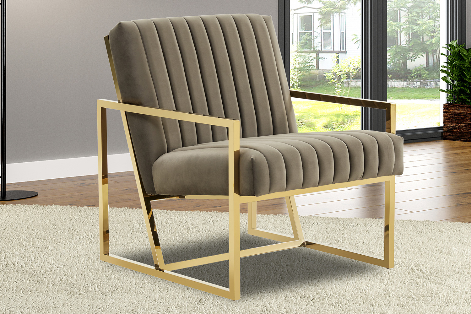 LeisureMod Montgomery Velvet Pinstripe Design Accent Armchair with Gold Frame - Dark Gray