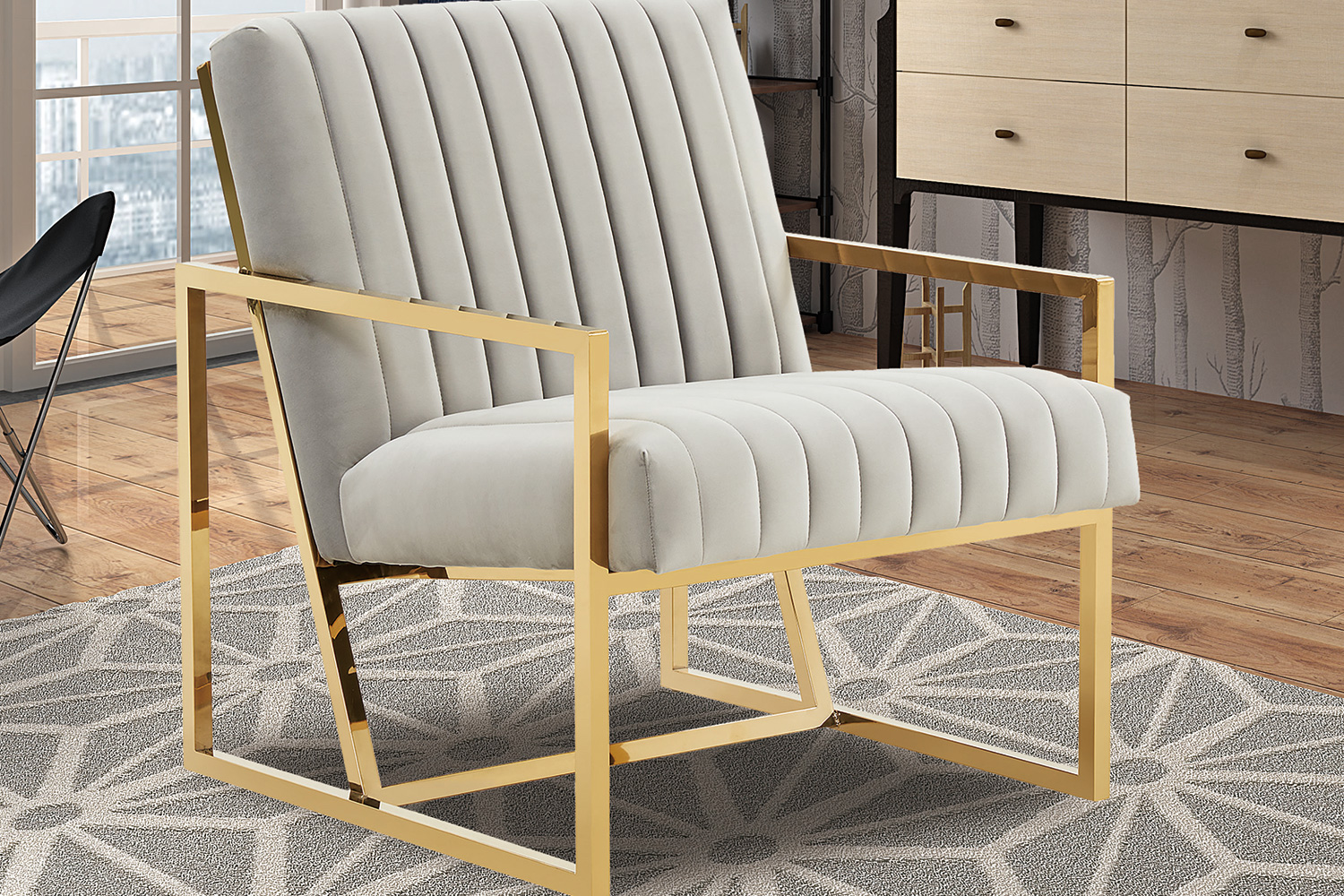 LeisureMod Montgomery Velvet Pinstripe Design Accent Armchair with Gold Frame - Light Gray