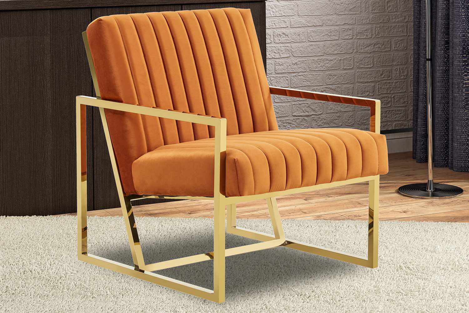 LeisureMod Montgomery Velvet Pinstripe Design Accent Armchair with Gold Frame - Orange/Marmalade