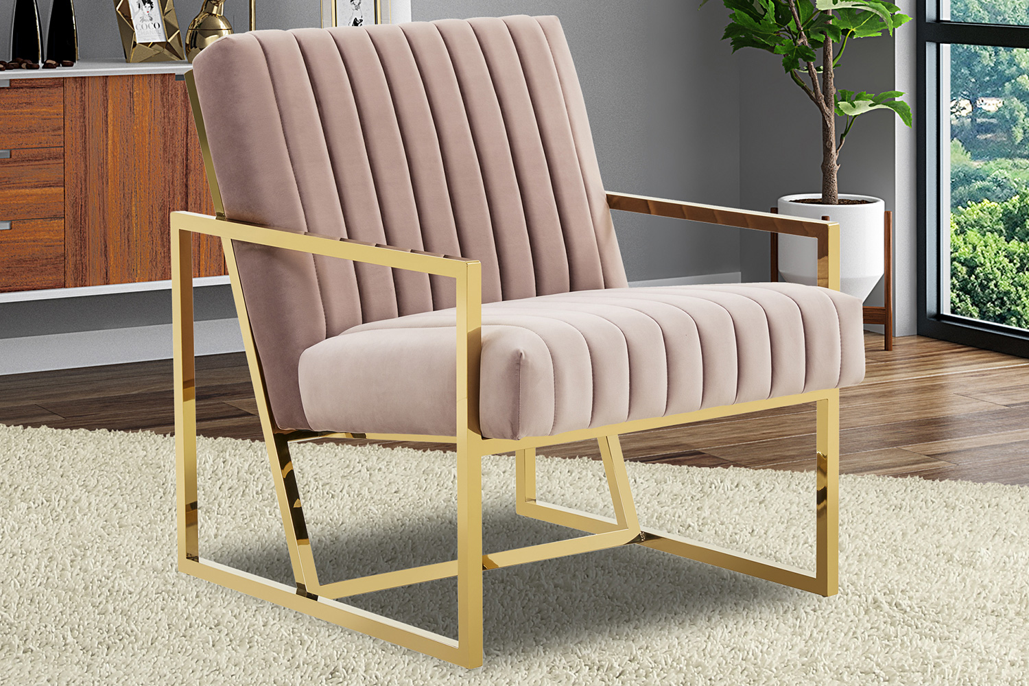 LeisureMod - Montgomery Velvet Pinstripe Design Accent Armchair with Gold Frame