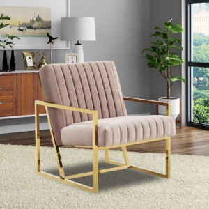LeisureMod Montgomery Velvet Pinstripe Design Accent Armchair with Gold Frame - Pink