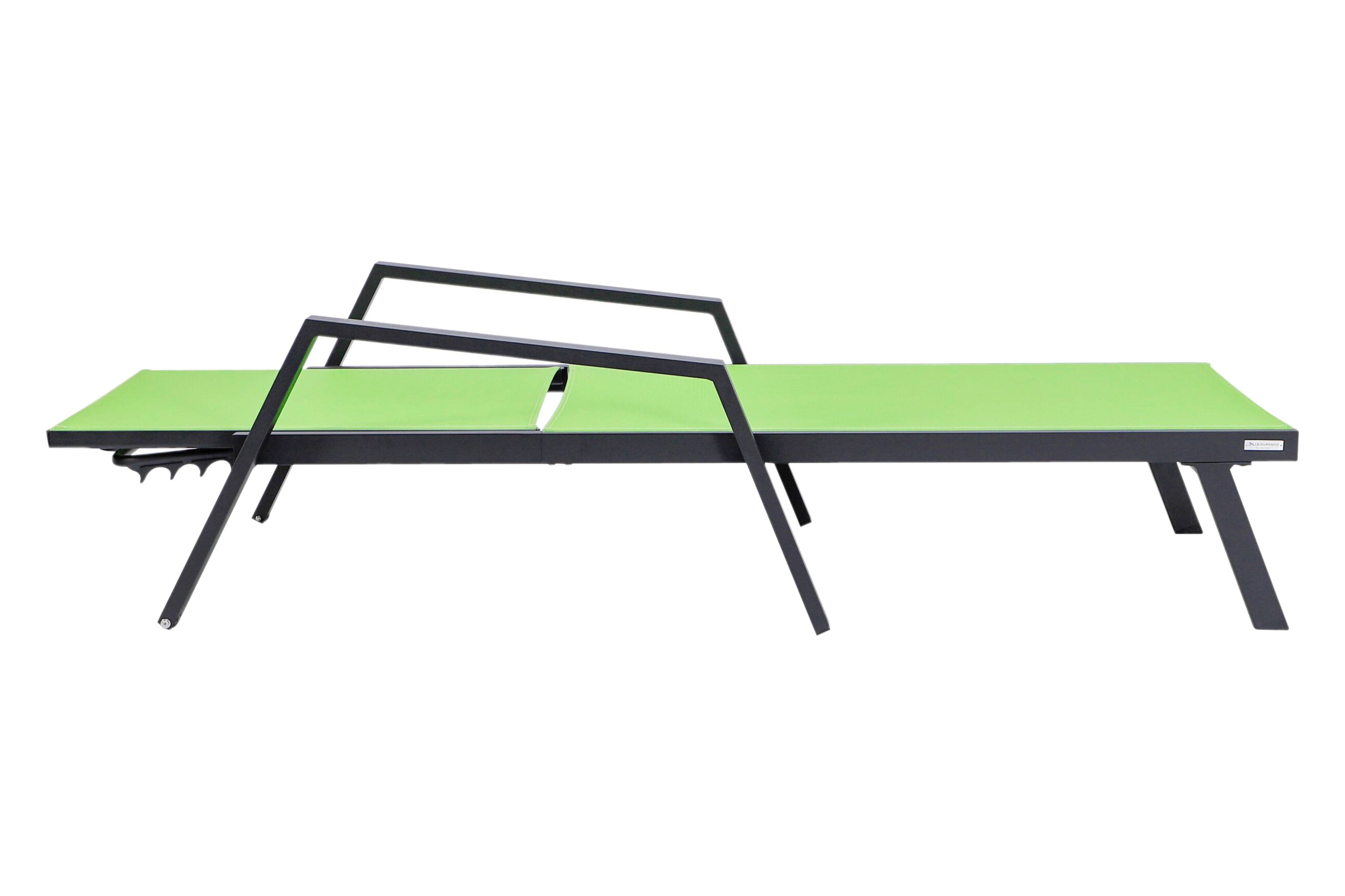 LeisureMod Marlin Modern Black Aluminum Outdoor Chaise Lounge Chair With Arms and Square Fire Pit Side Table for Patio - Green