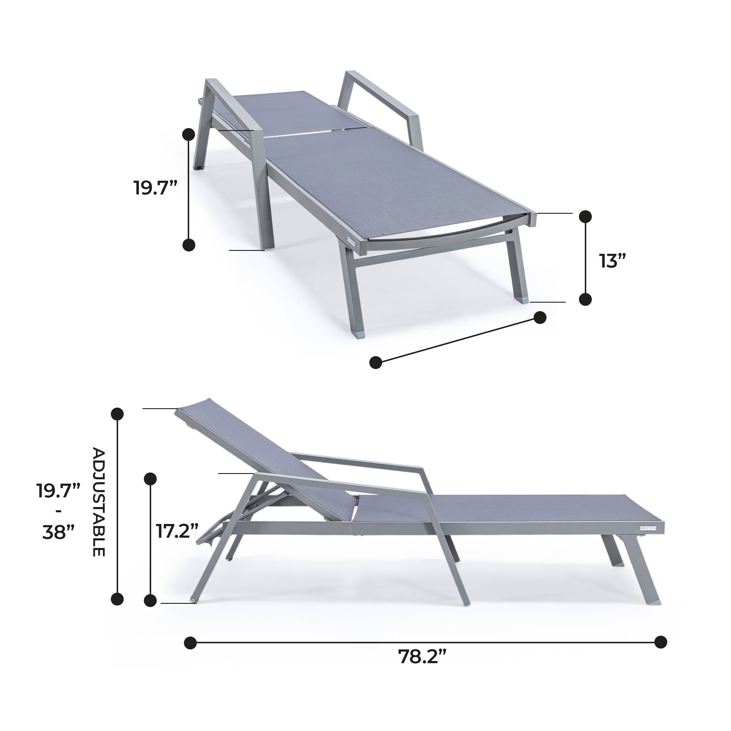 LeisureMod Marlin Patio Chaise Lounge Chair With Armrests In Gray Aluminum Frame - Dark Gray