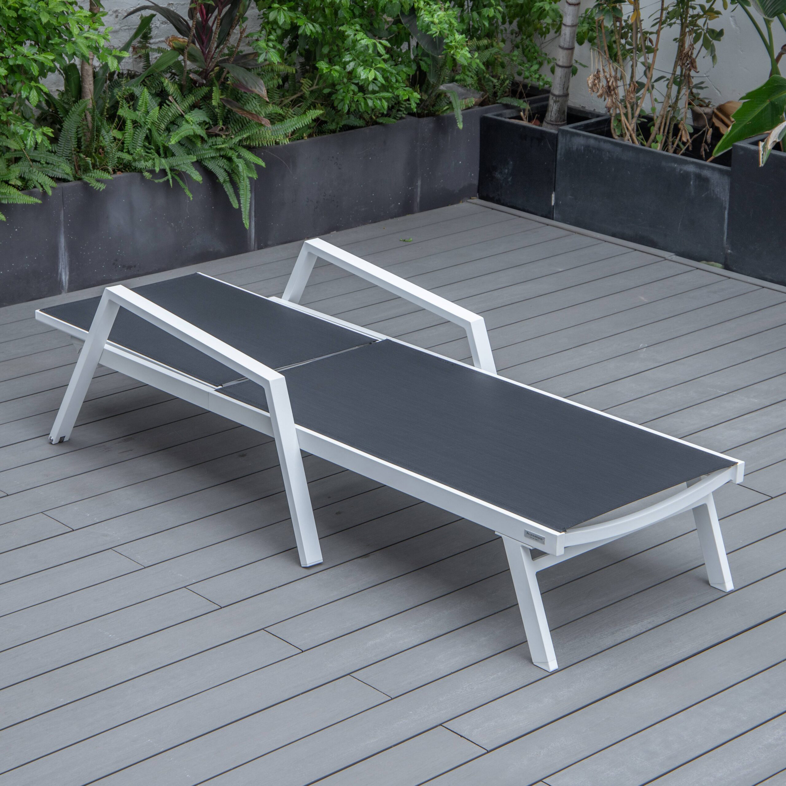 LeisureMod Marlin Patio Chaise Lounge Chair With Armrests In White Aluminum Frame - Black