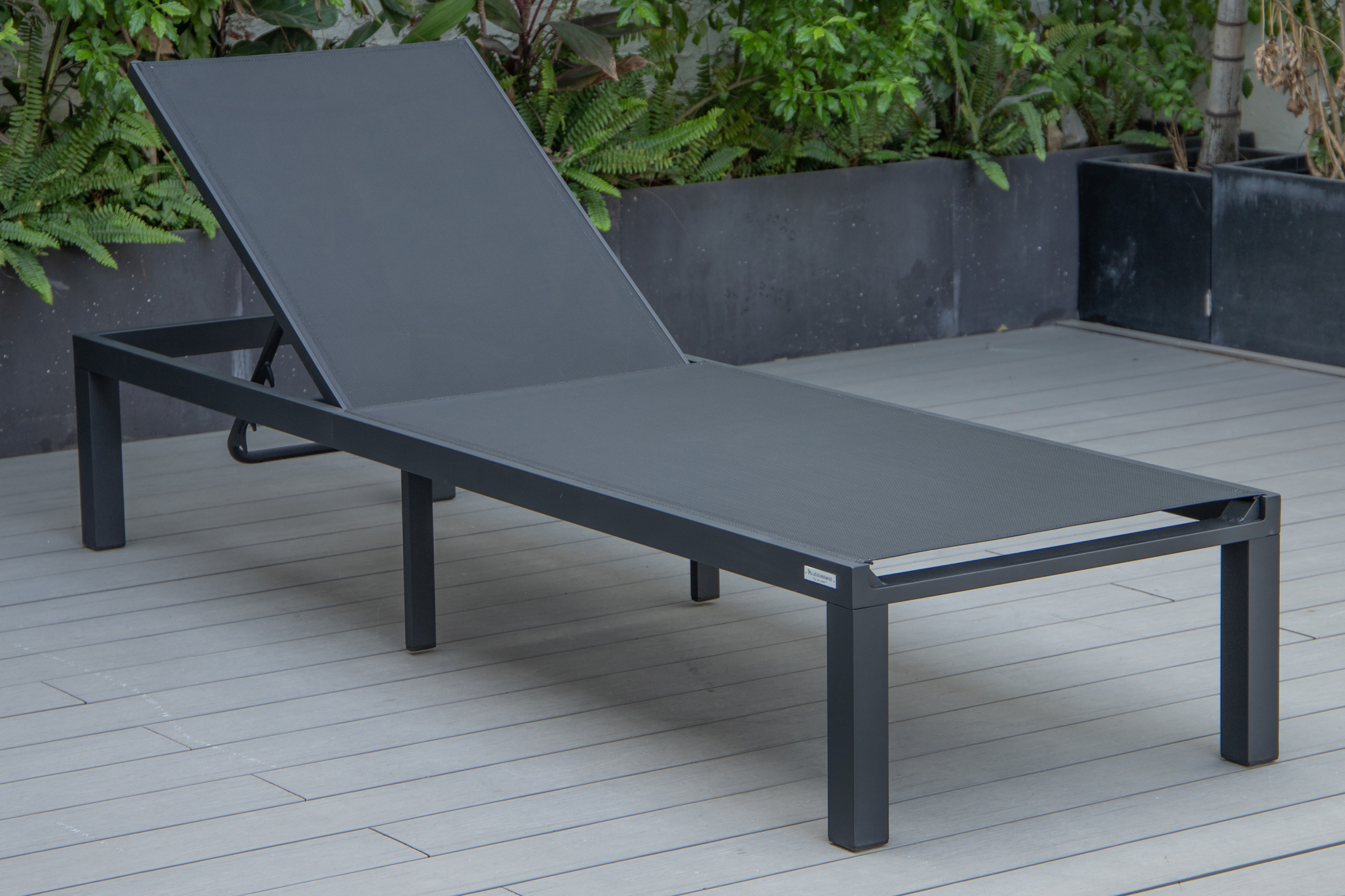 LeisureMod Marlin Patio Chaise Lounge Chair With Black Aluminum Frame - Black