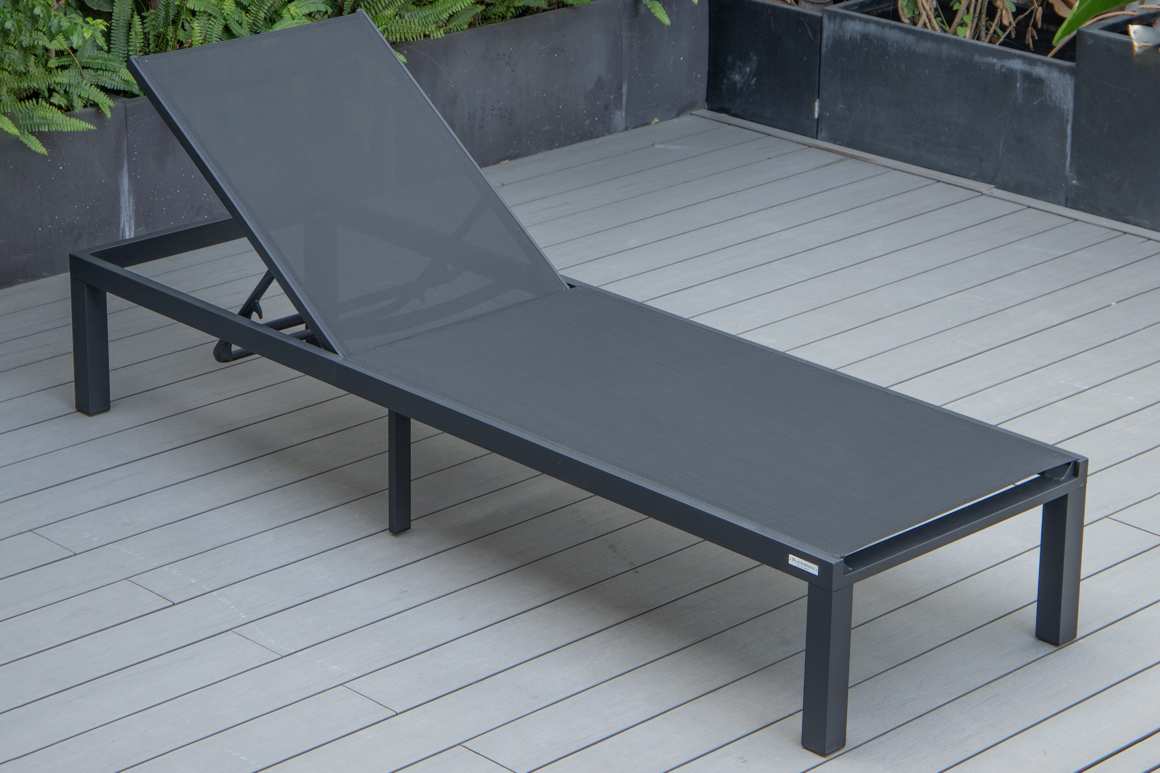 LeisureMod Marlin Patio Chaise Lounge Chair With Black Aluminum Frame - Black