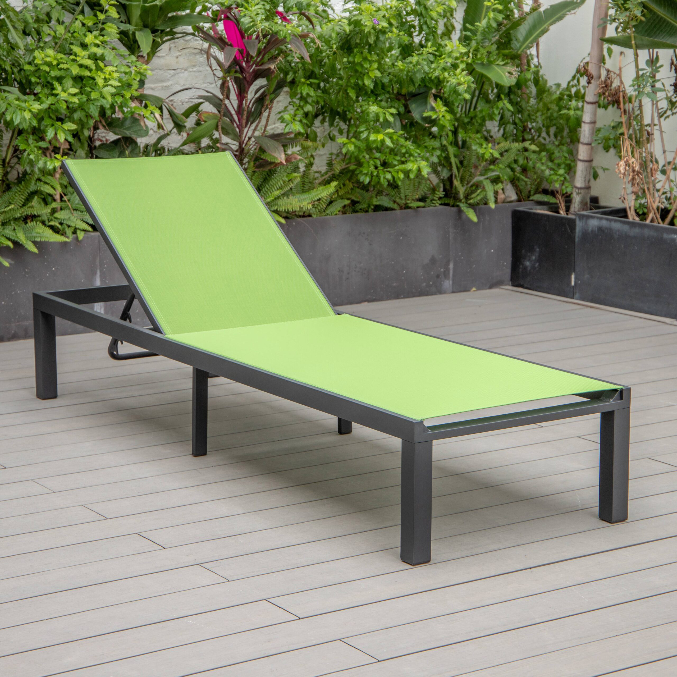 LeisureMod Marlin Patio Chaise Lounge Chair With Black Aluminum Frame - Green