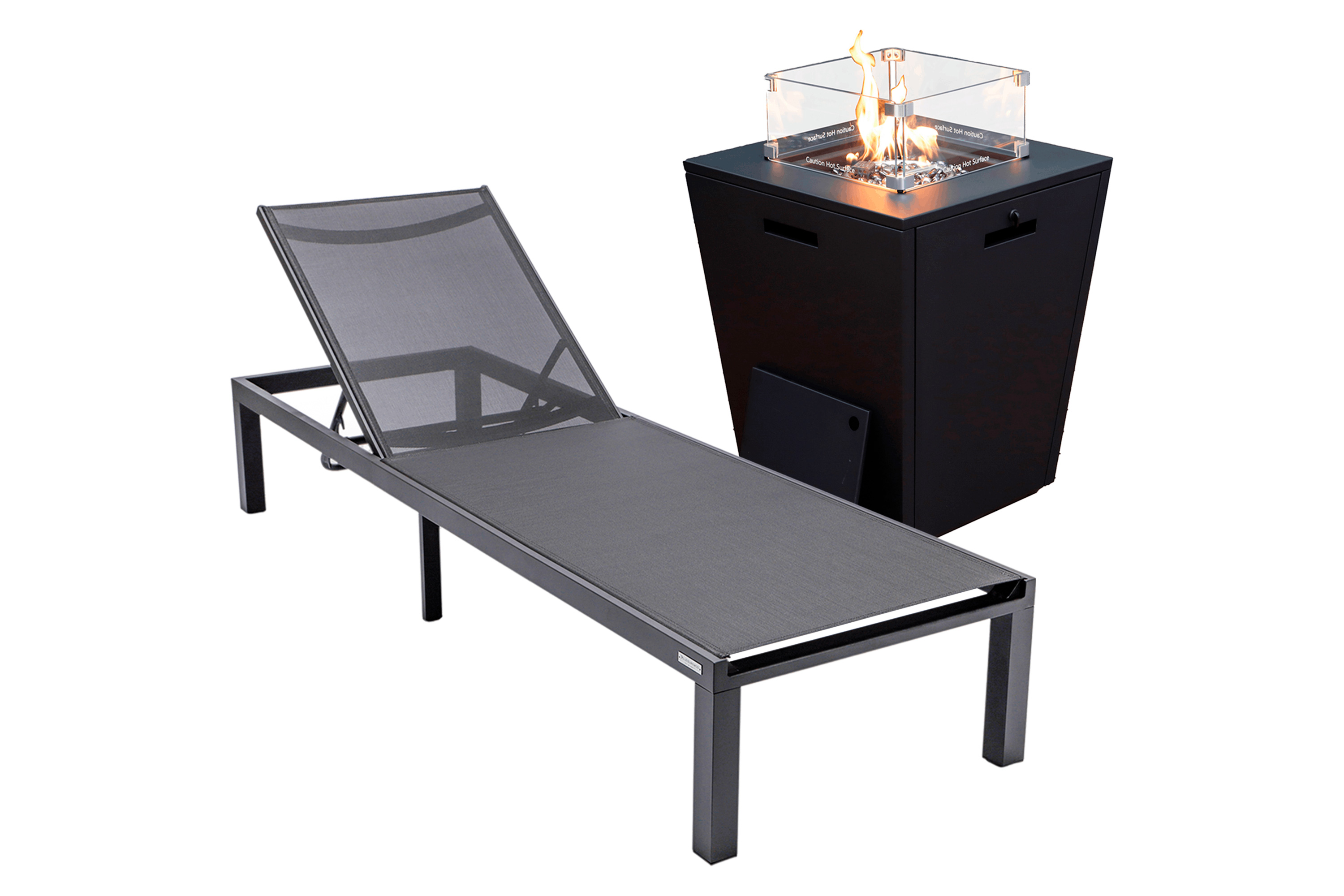 LeisureMod - Marlin Modern Black Aluminum Outdoor Patio Chaise Lounge Chair with Square Fire Pit Side Table