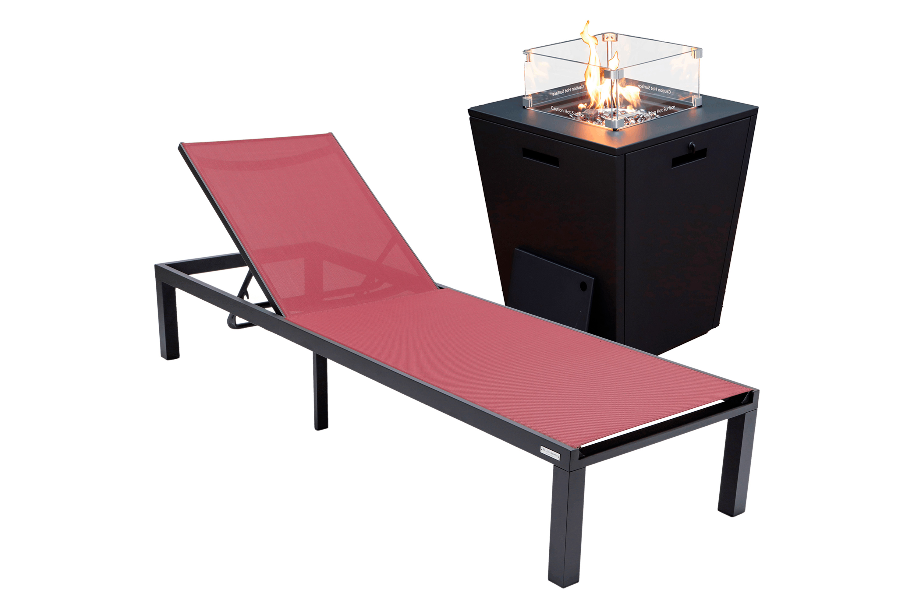 LeisureMod - Marlin Modern Black Aluminum Outdoor Patio Chaise Lounge Chair with Square Fire Pit Side Table