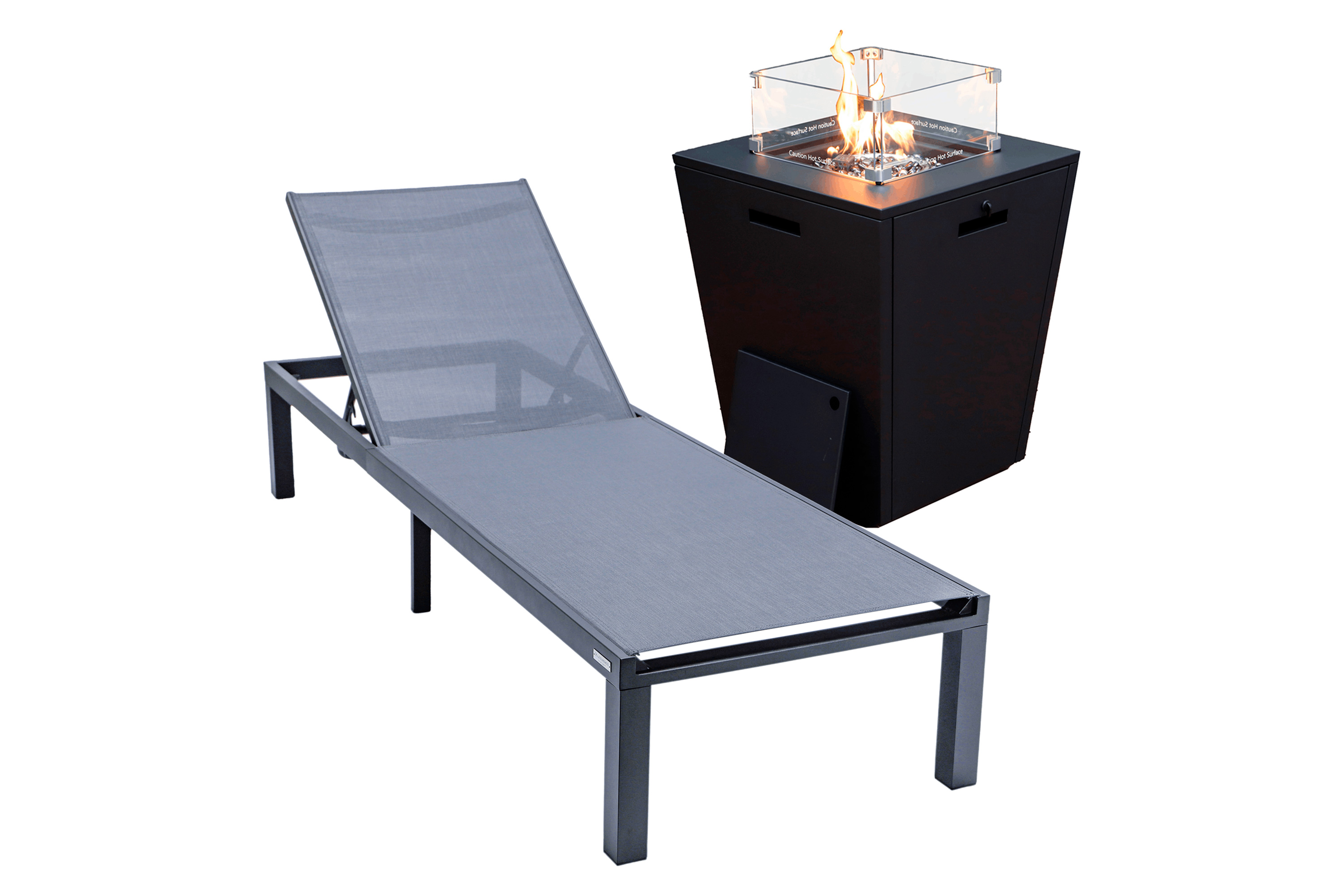 LeisureMod - Marlin Modern Black Aluminum Outdoor Patio Chaise Lounge Chair with Square Fire Pit Side Table